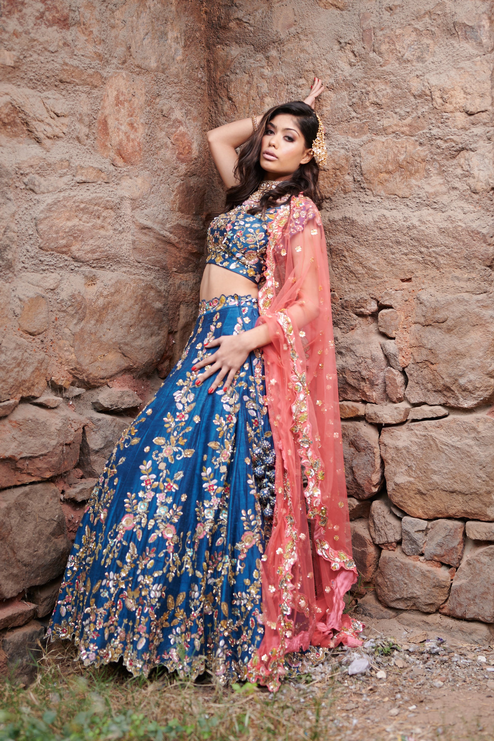 Pre-Bridal Raw Silk Lehenga with Net Dupatta – Hand Embroidered in Blue