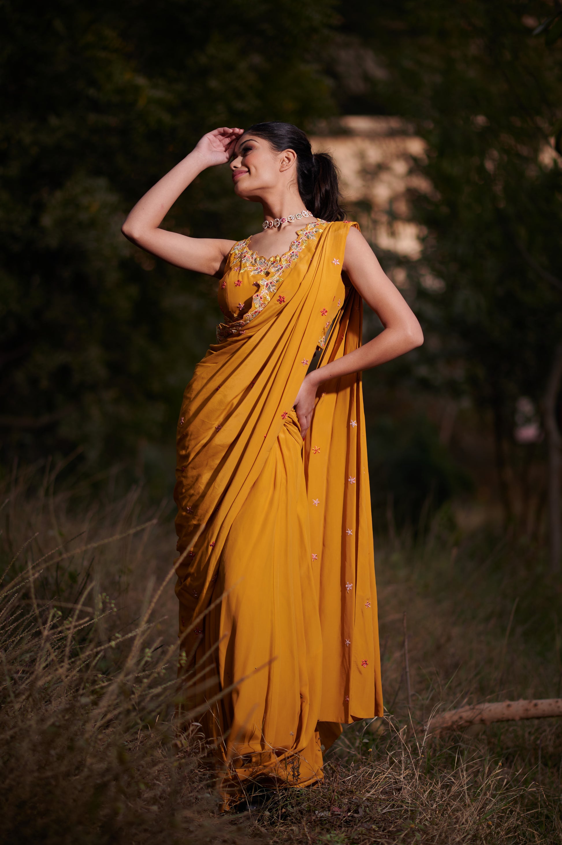Mustard Yellow Pre-Draped Saree with Mirror, Zari, Reham & Cutdana Work – Crepe Fabric