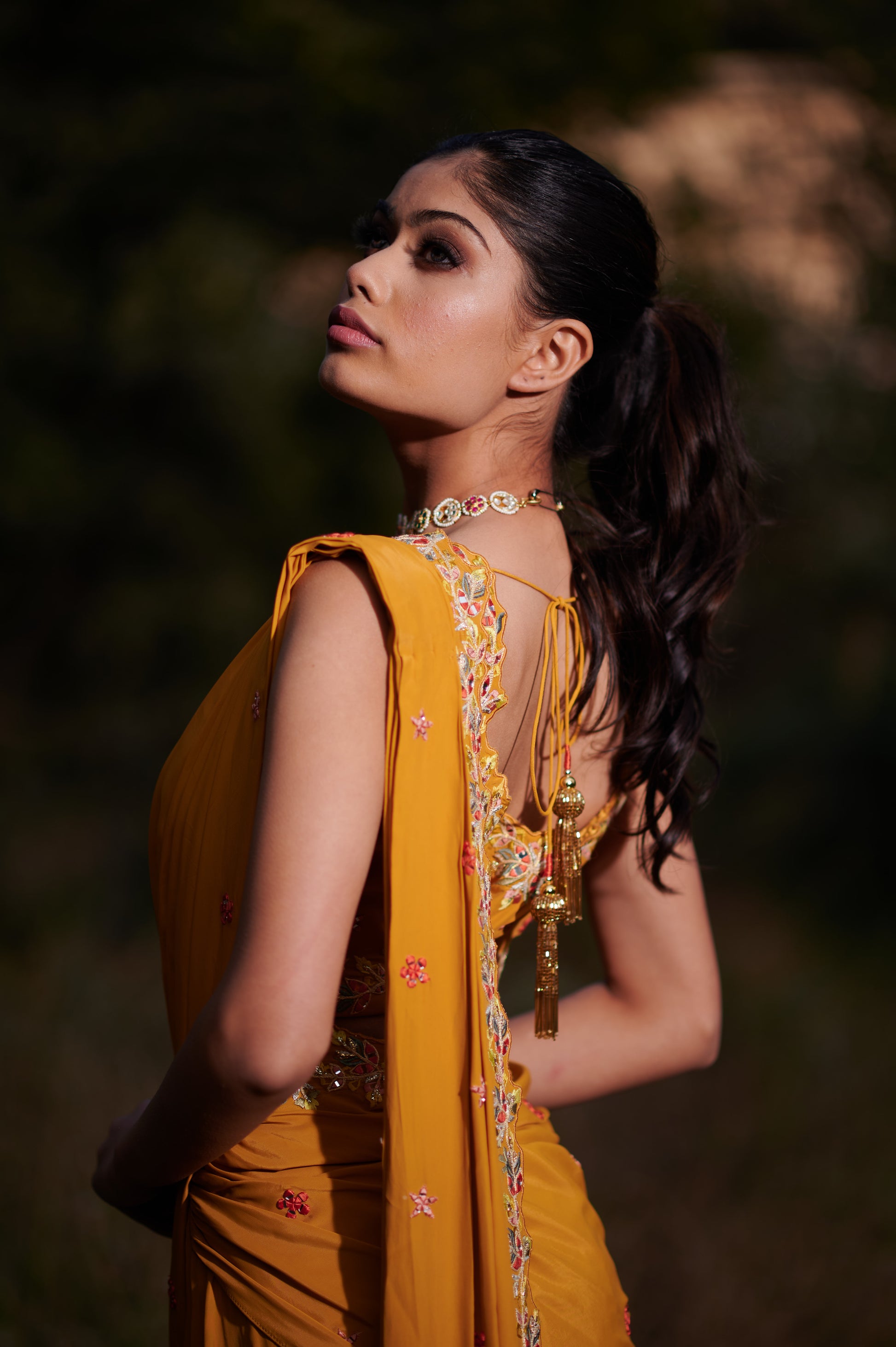 Mustard Yellow Pre-Draped Saree with Mirror, Zari, Reham & Cutdana Work – Crepe Fabric