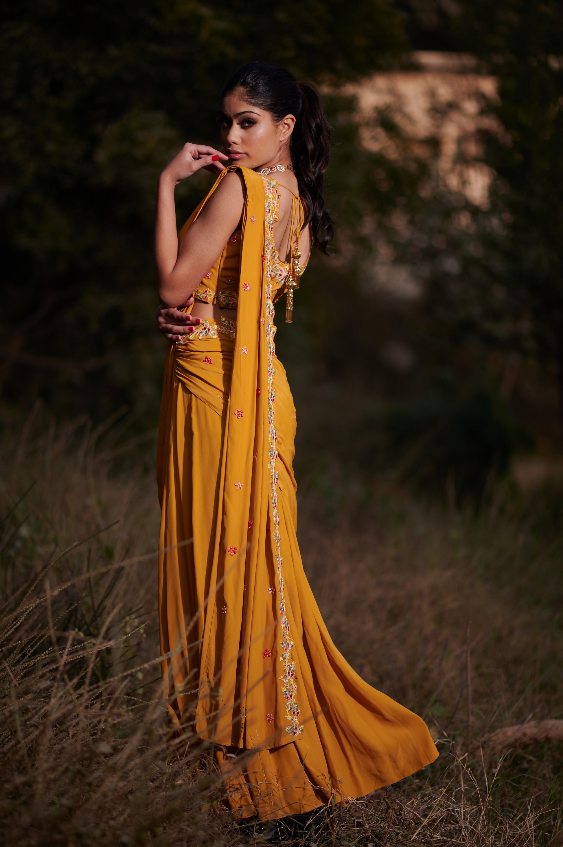 Mustard Yellow Pre-Draped Saree with Mirror, Zari, Reham & Cutdana Work – Crepe Fabric