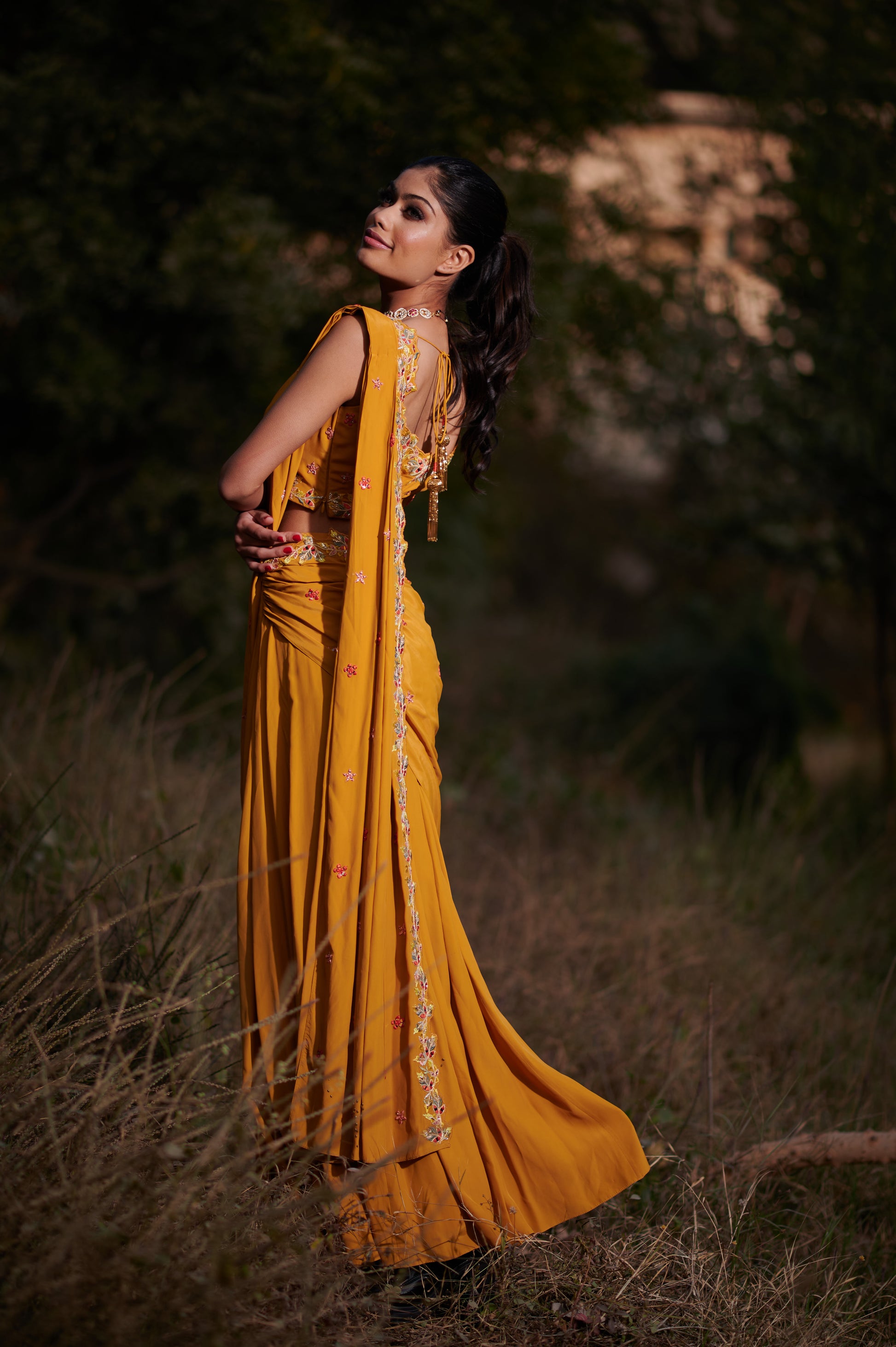 Mustard Yellow Pre-Draped Saree with Mirror, Zari, Reham & Cutdana Work – Crepe Fabric