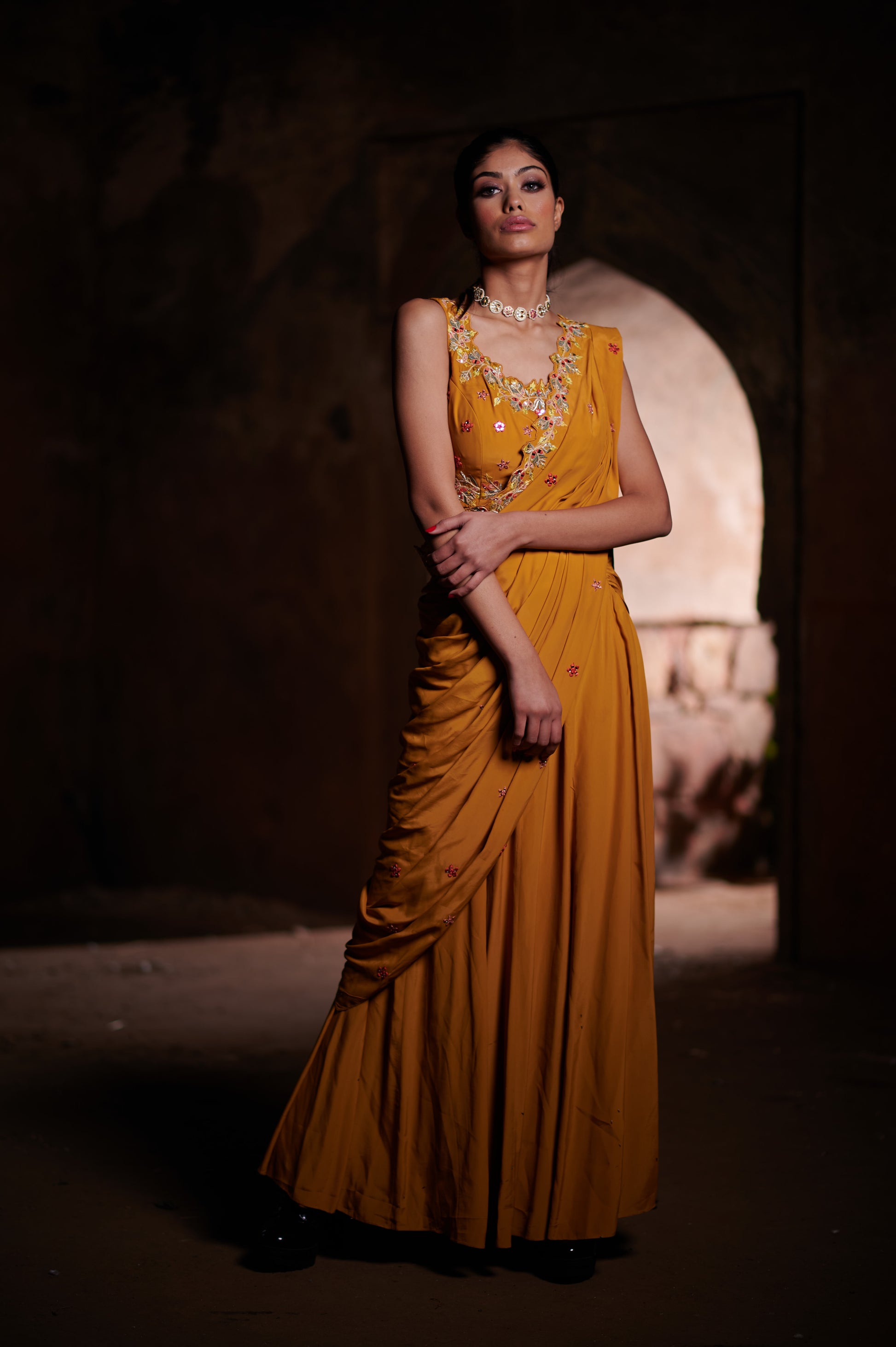 Mustard Yellow Pre-Draped Saree with Mirror, Zari, Reham & Cutdana Work – Crepe Fabric