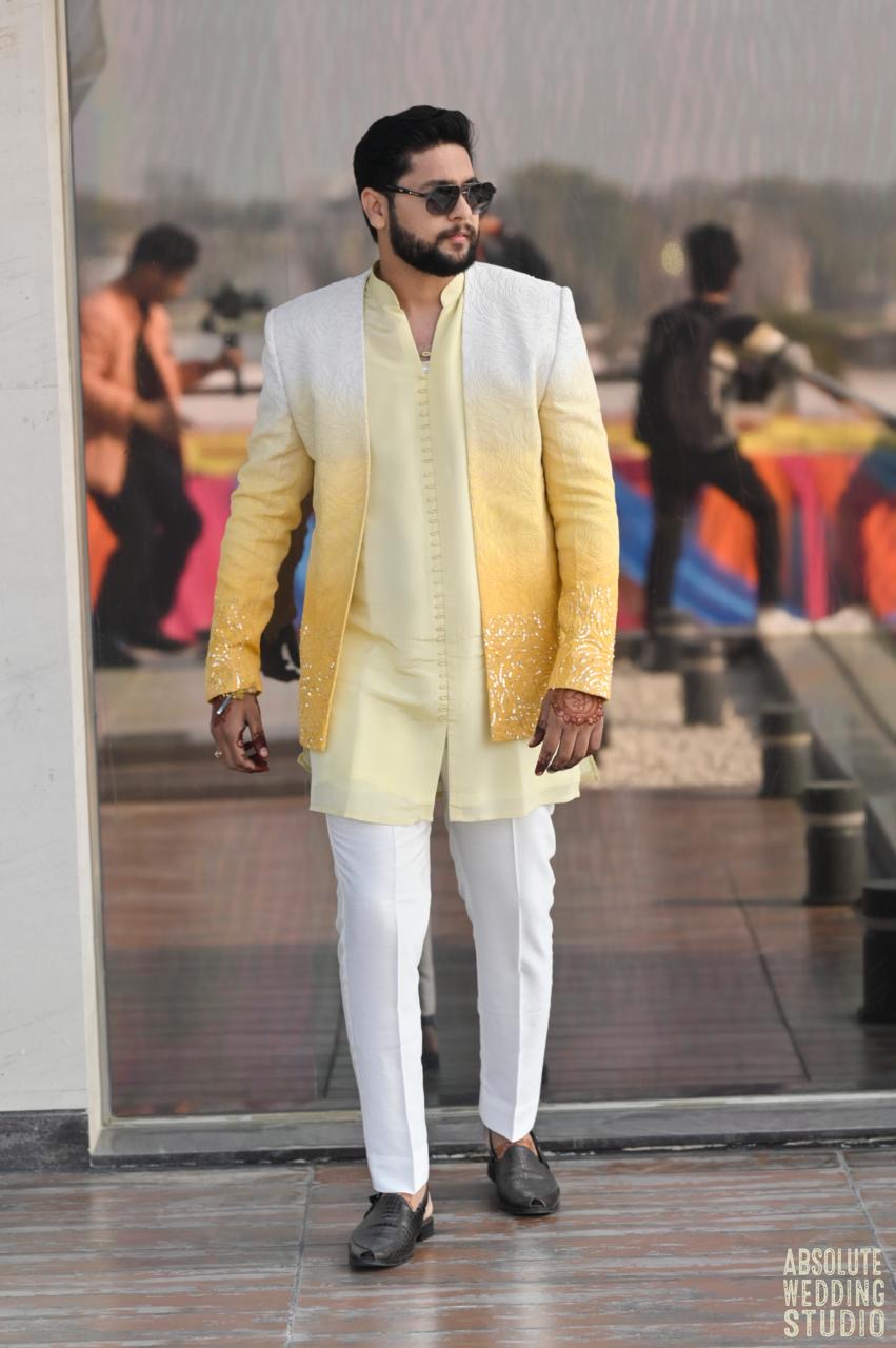 Yellow Ombre Open Jacket with Tissue Kurta and Bottom
