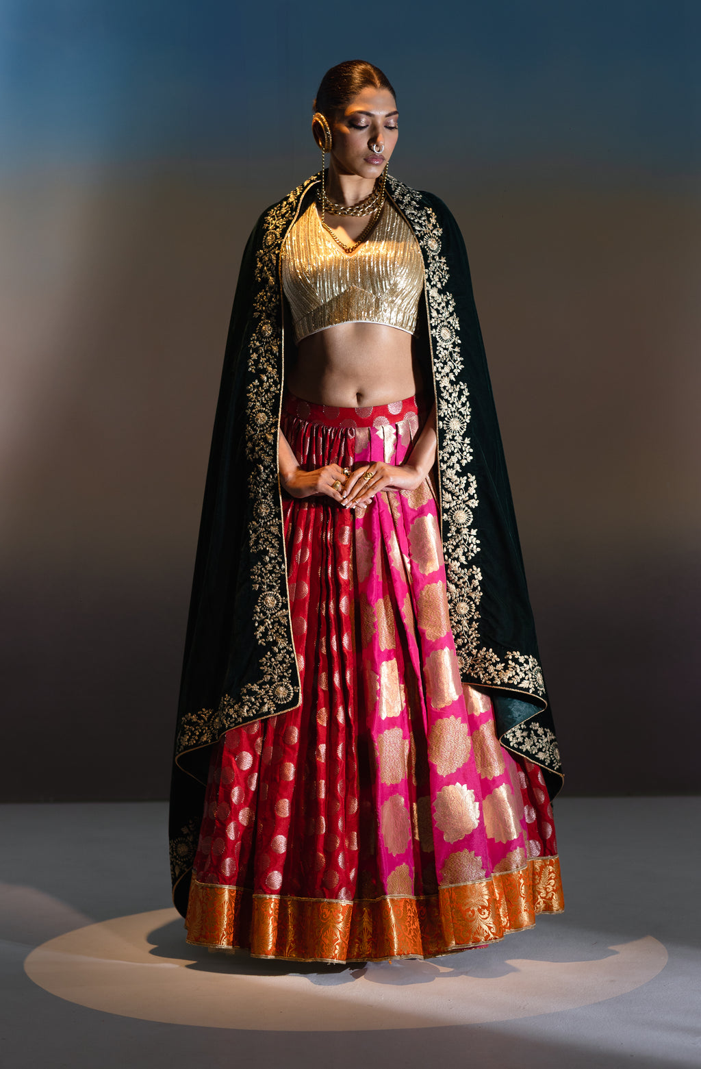 Banarasi Lehenga with Halter Neck Blouse & Velvet Dupatta