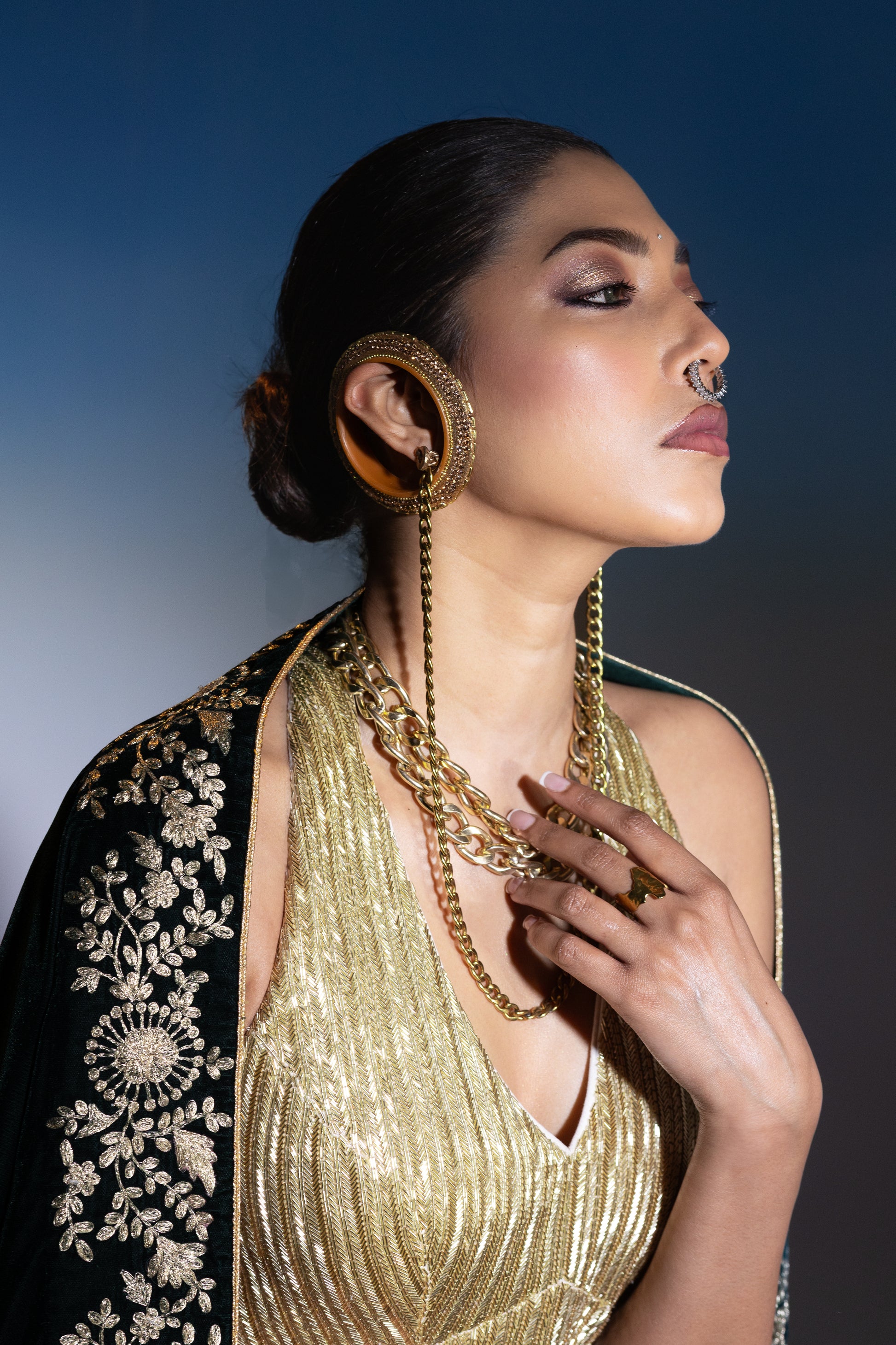 Banarasi Lehenga with Halter Neck Blouse & Velvet Dupatta