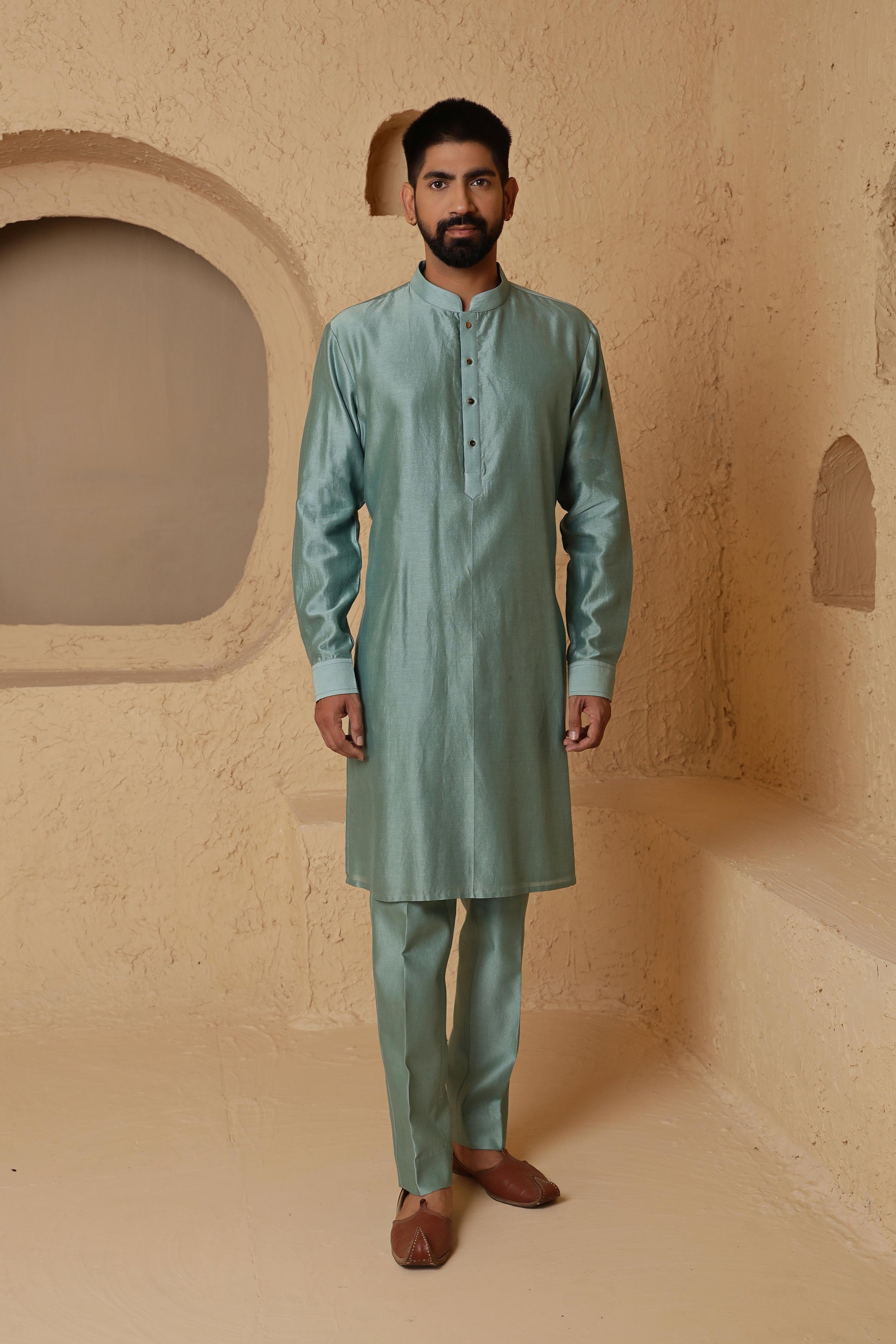 Aqua Green Rose Motif Jacket Set