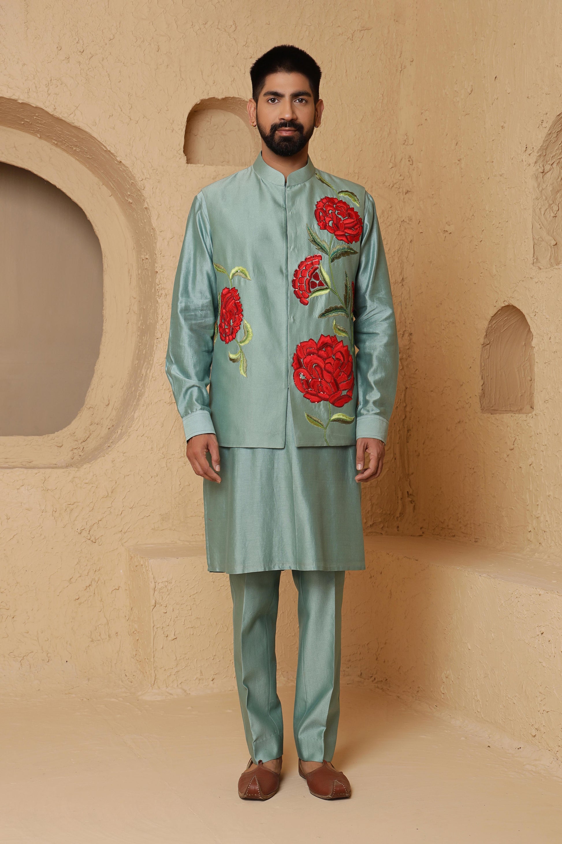 Aqua Green Rose Motif Jacket Set