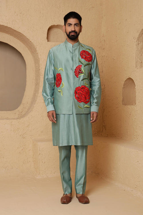 Aqua Green Rose Motif Jacket Set