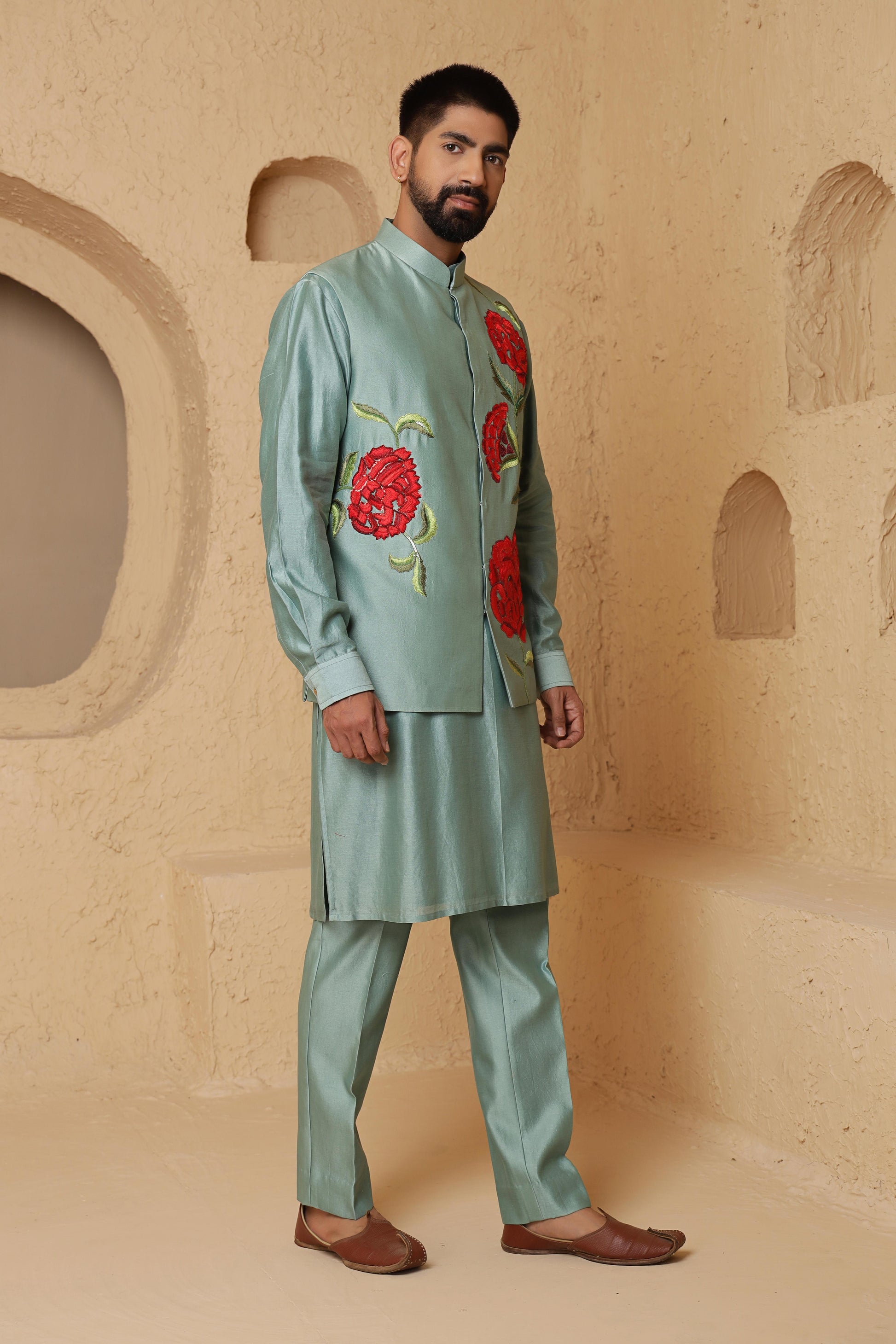 Aqua Green Rose Motif Jacket Set