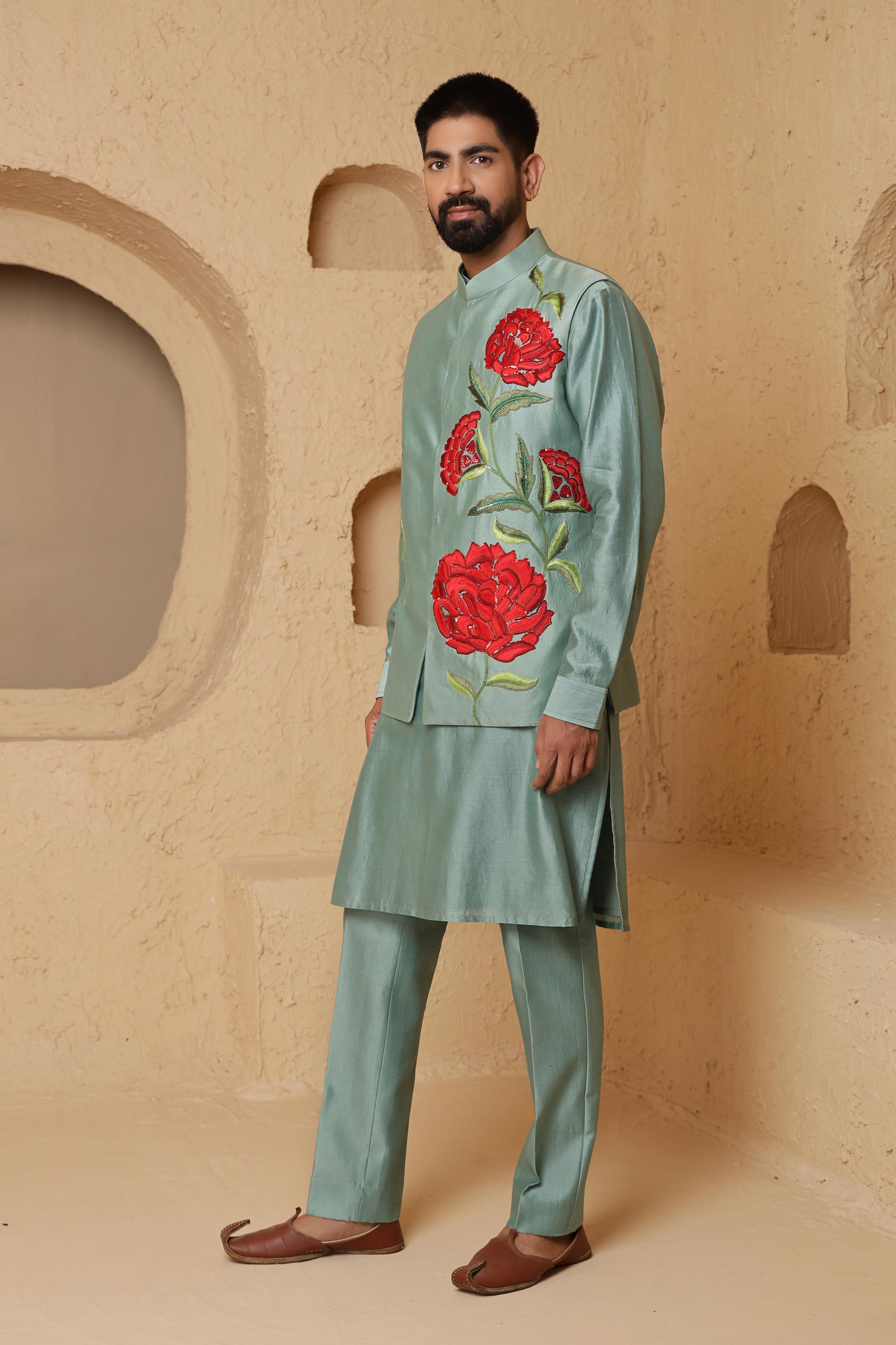 Aqua Green Rose Motif Jacket Set
