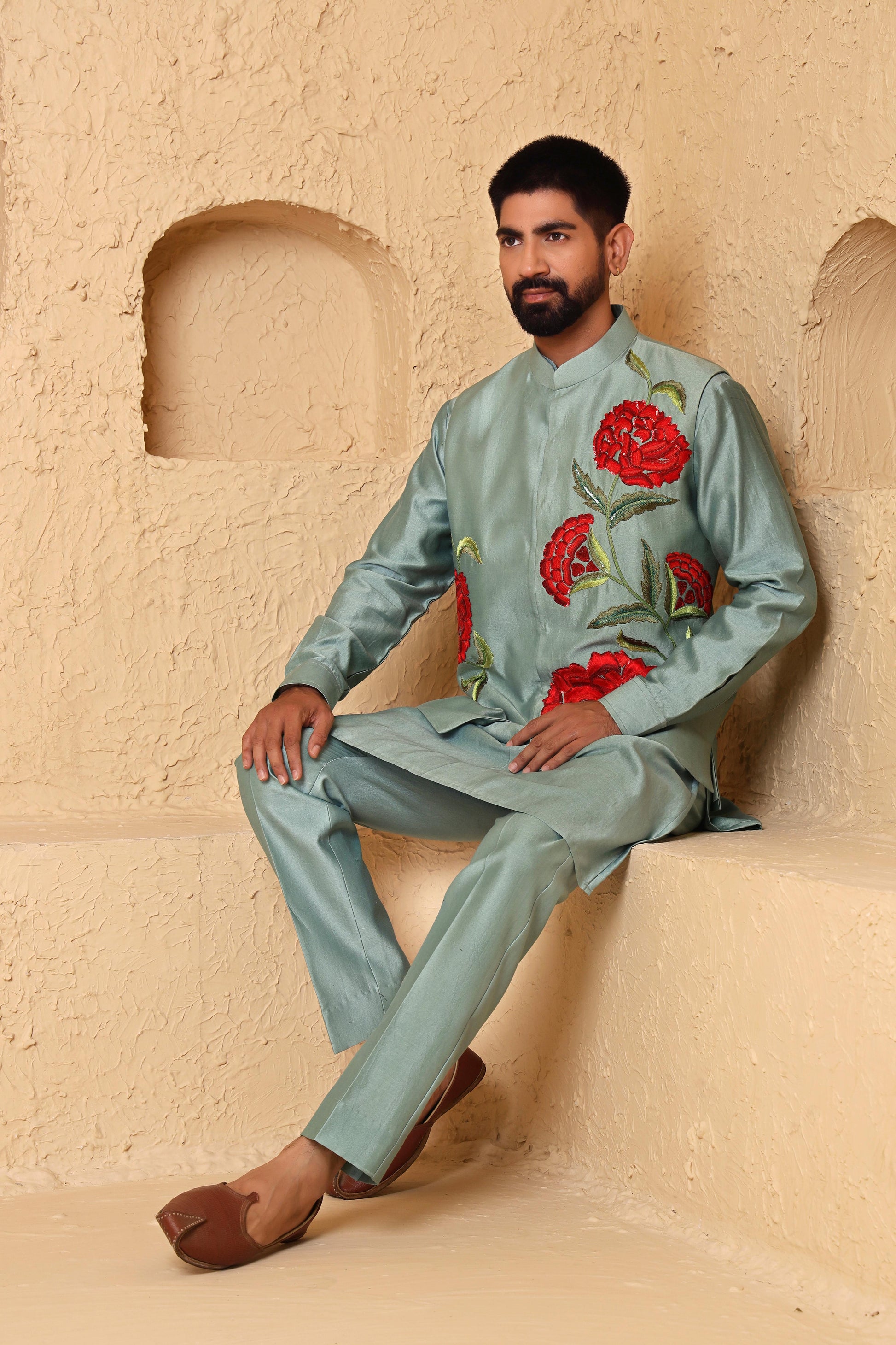 Aqua Green Rose Motif Jacket Set