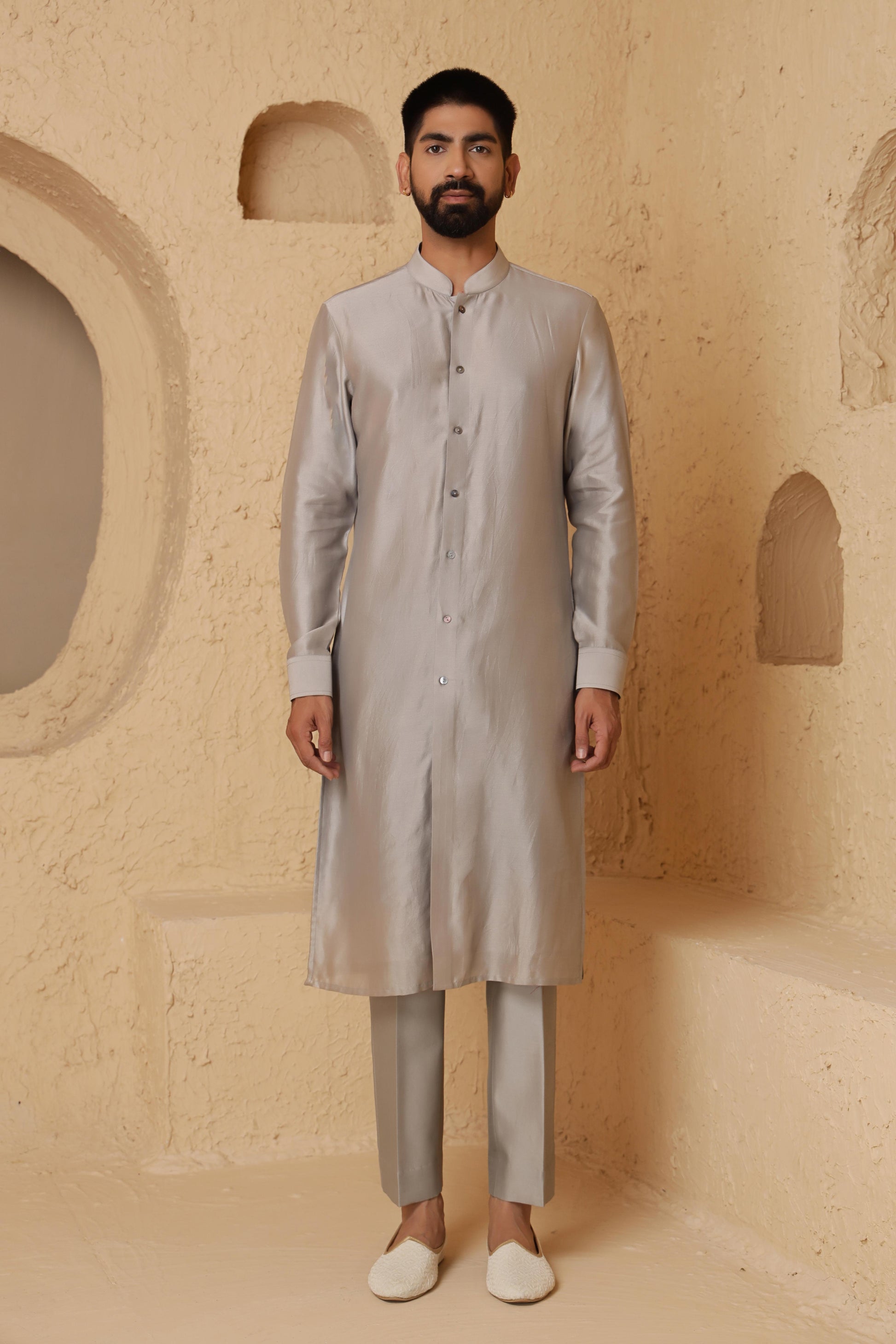 Charcoal Grey Nalki Long Jacket Set