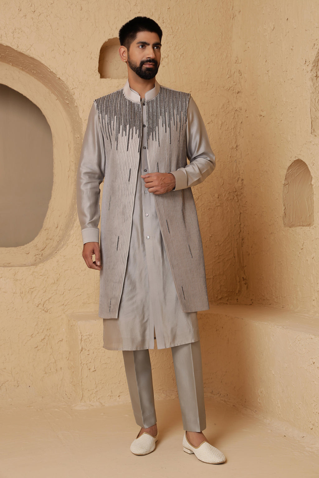 Charcoal Grey Nalki Long Jacket Set