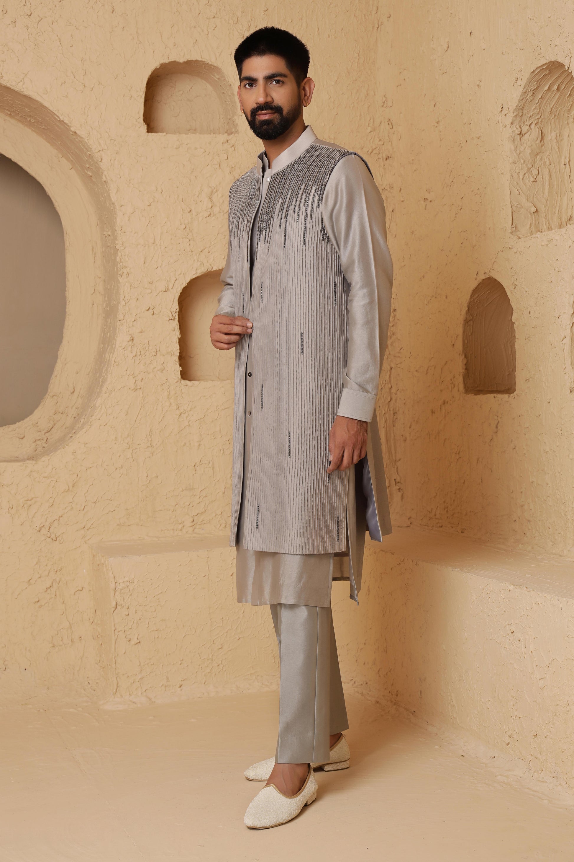 Charcoal Grey Nalki Long Jacket Set