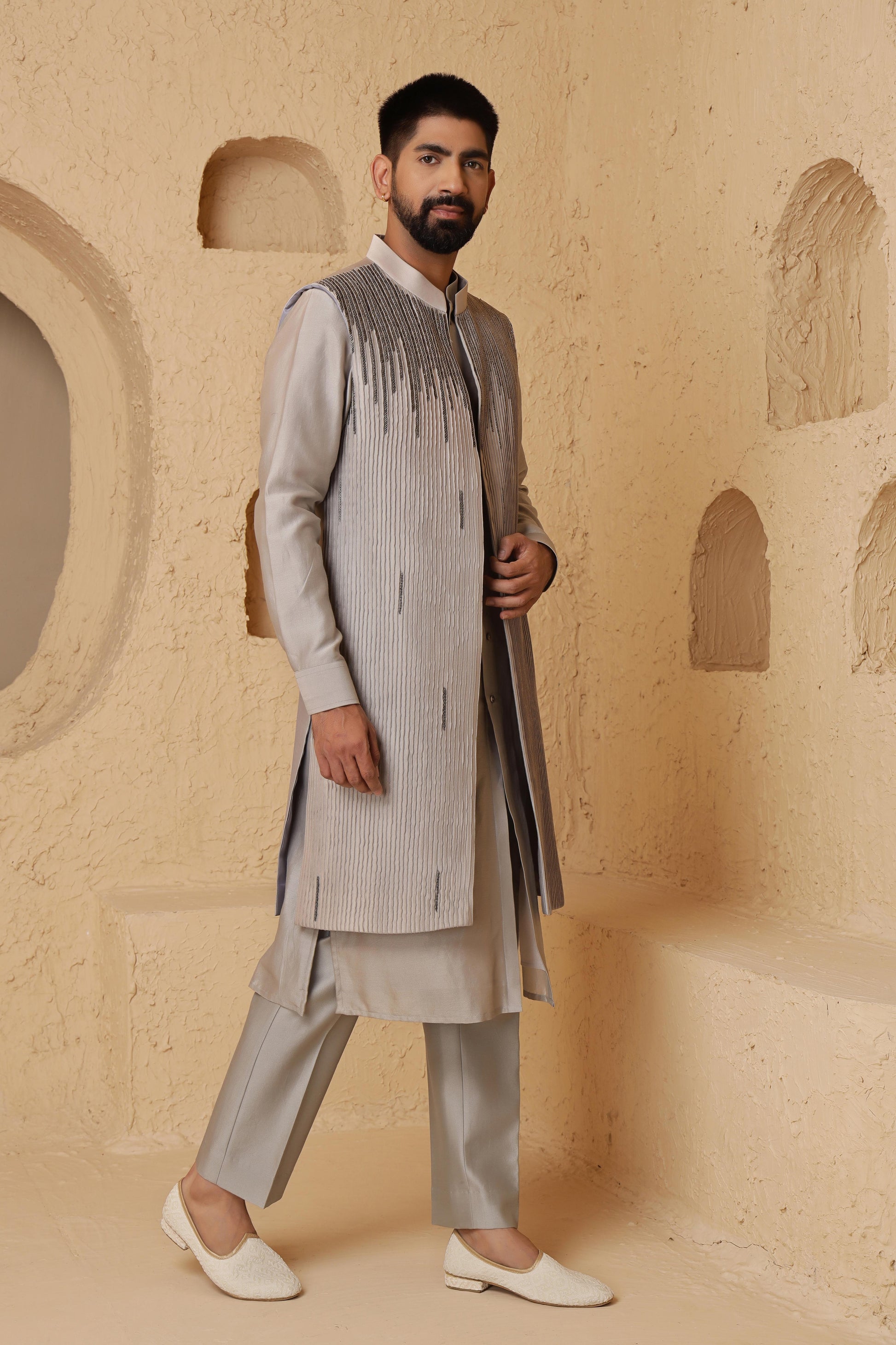 Charcoal Grey Nalki Long Jacket Set