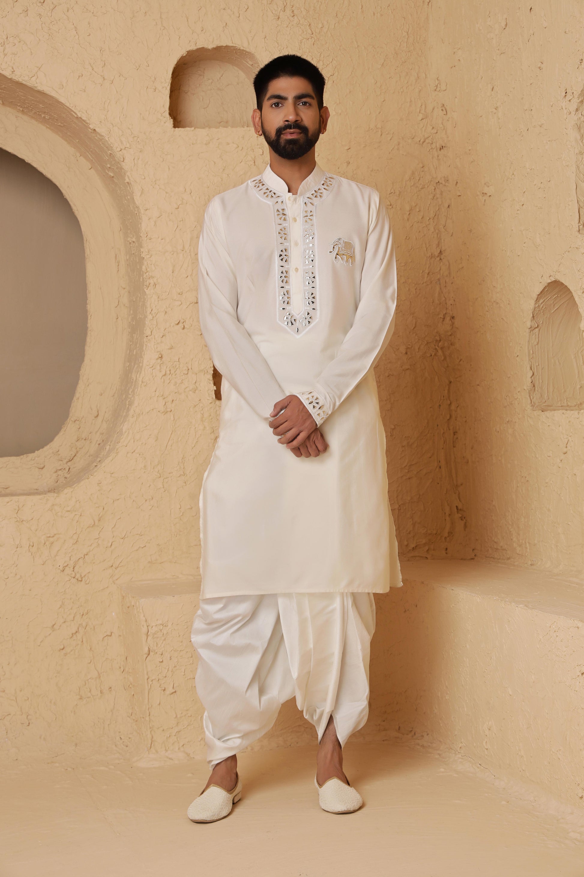 Ivory Elephant Motif Kurta Set