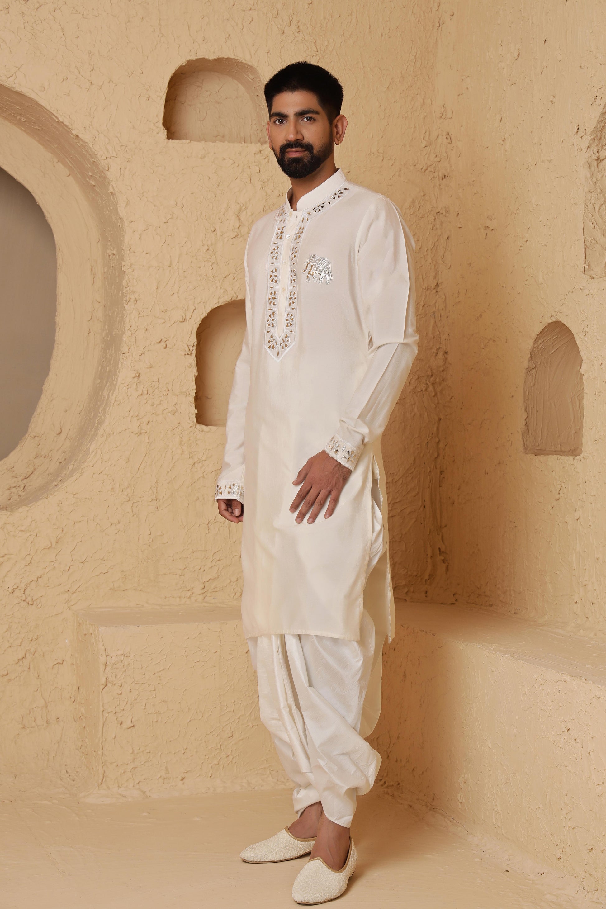 Ivory Elephant Motif Kurta Set