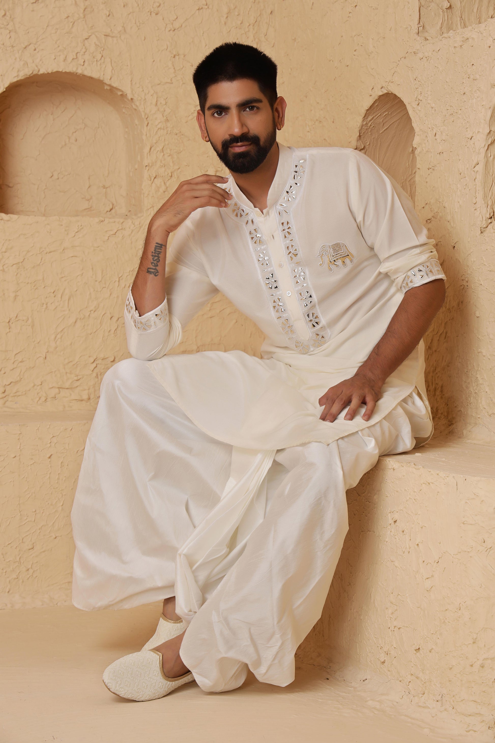Ivory Elephant Motif Kurta Set