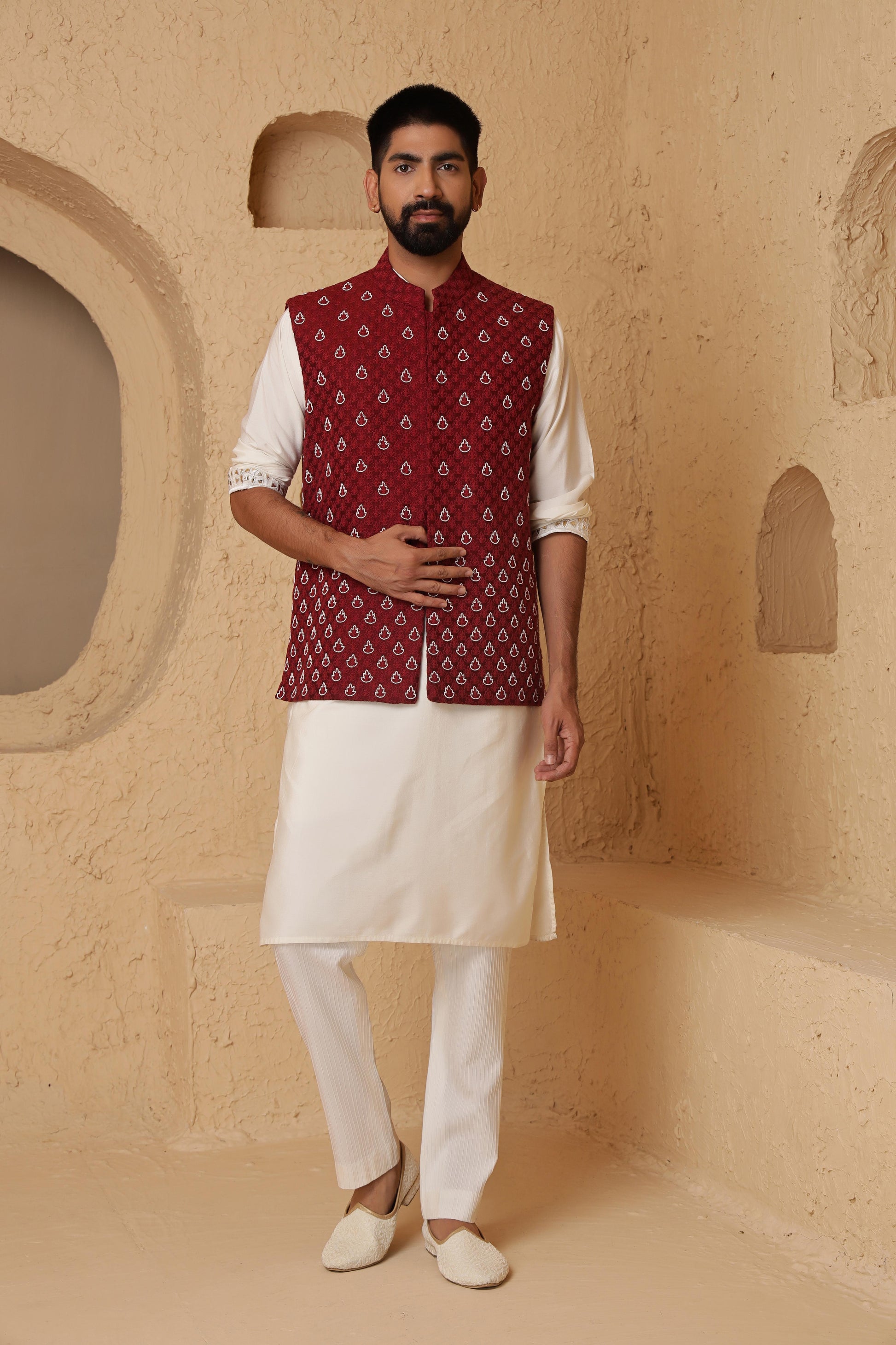 Red Leaf Motif Jacket Set