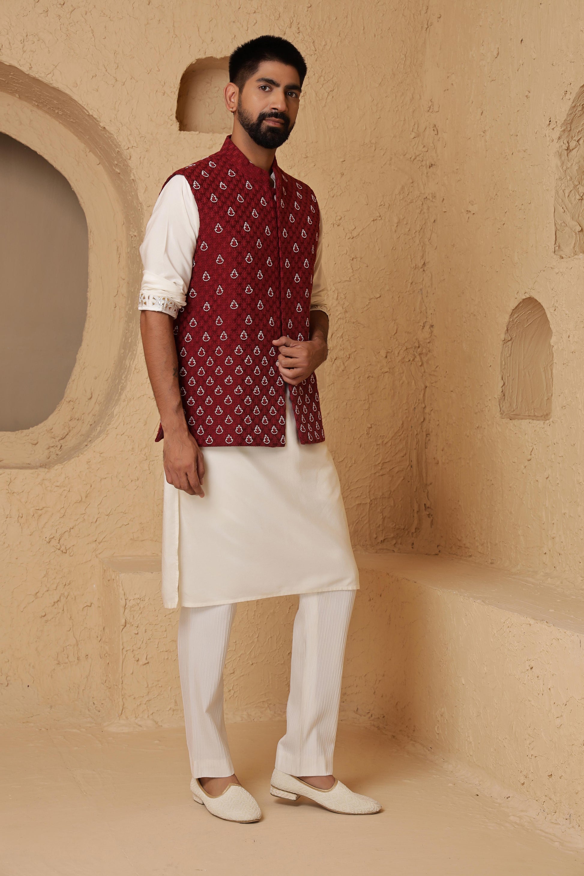 Red Leaf Motif Jacket Set