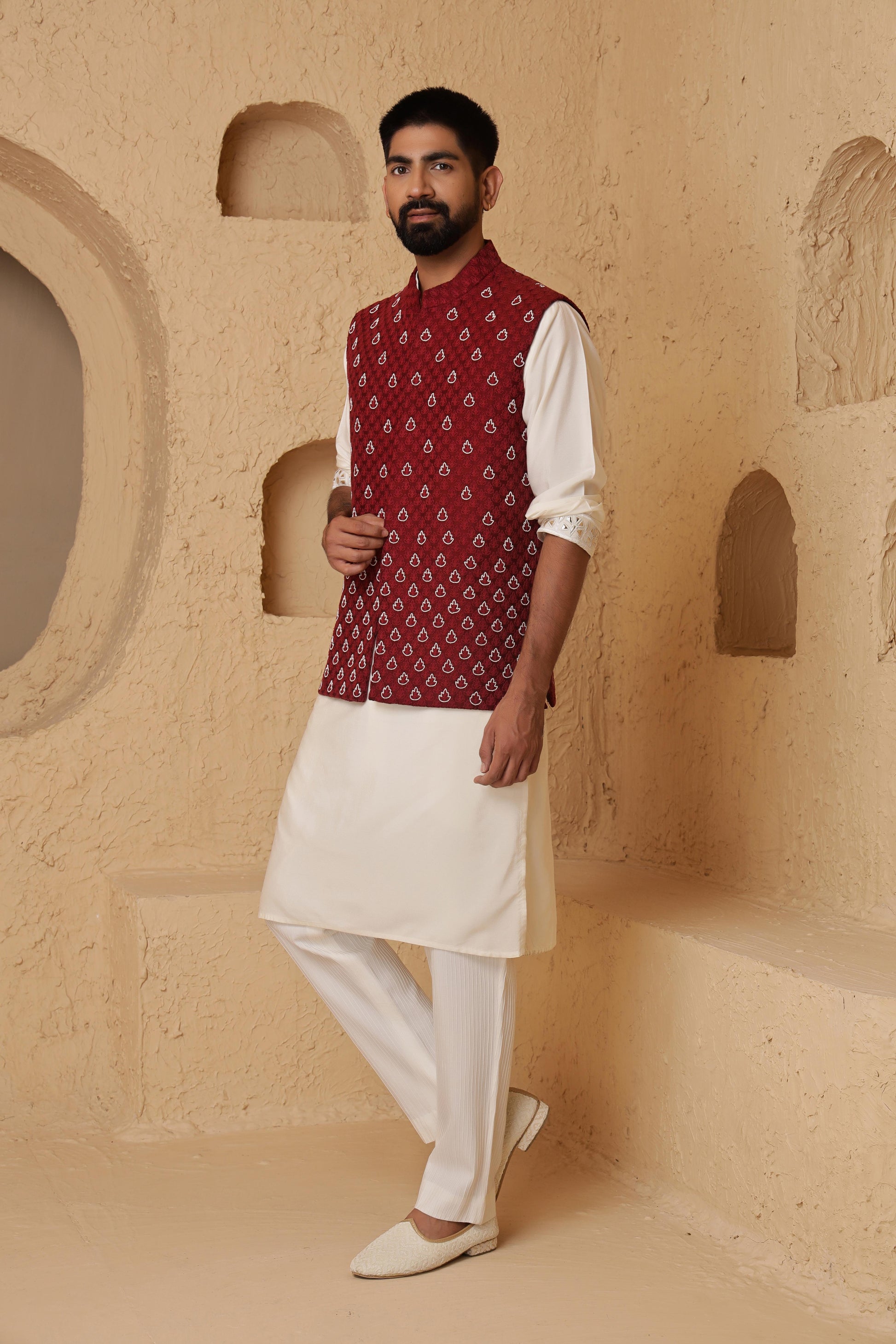 Red Leaf Motif Jacket Set