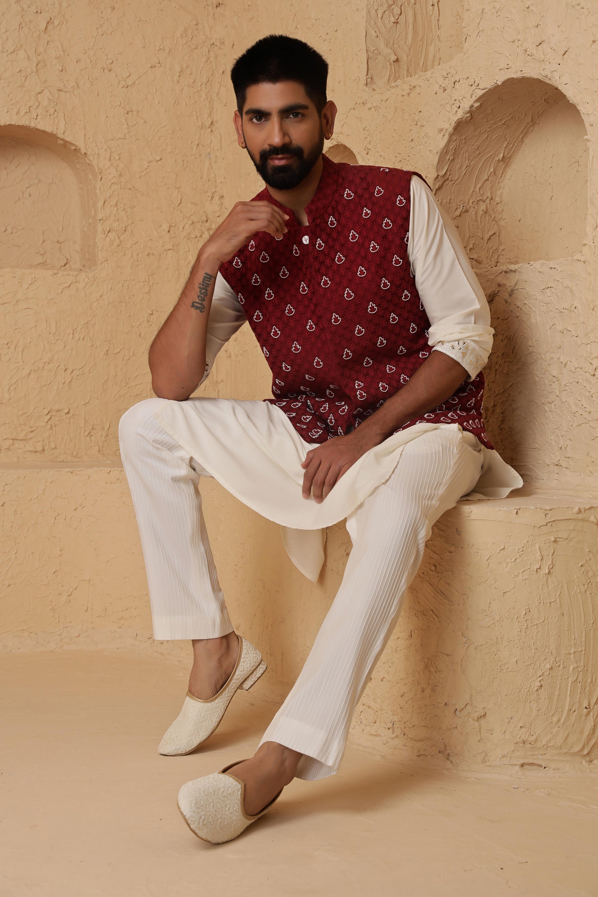 Red Leaf Motif Jacket Set