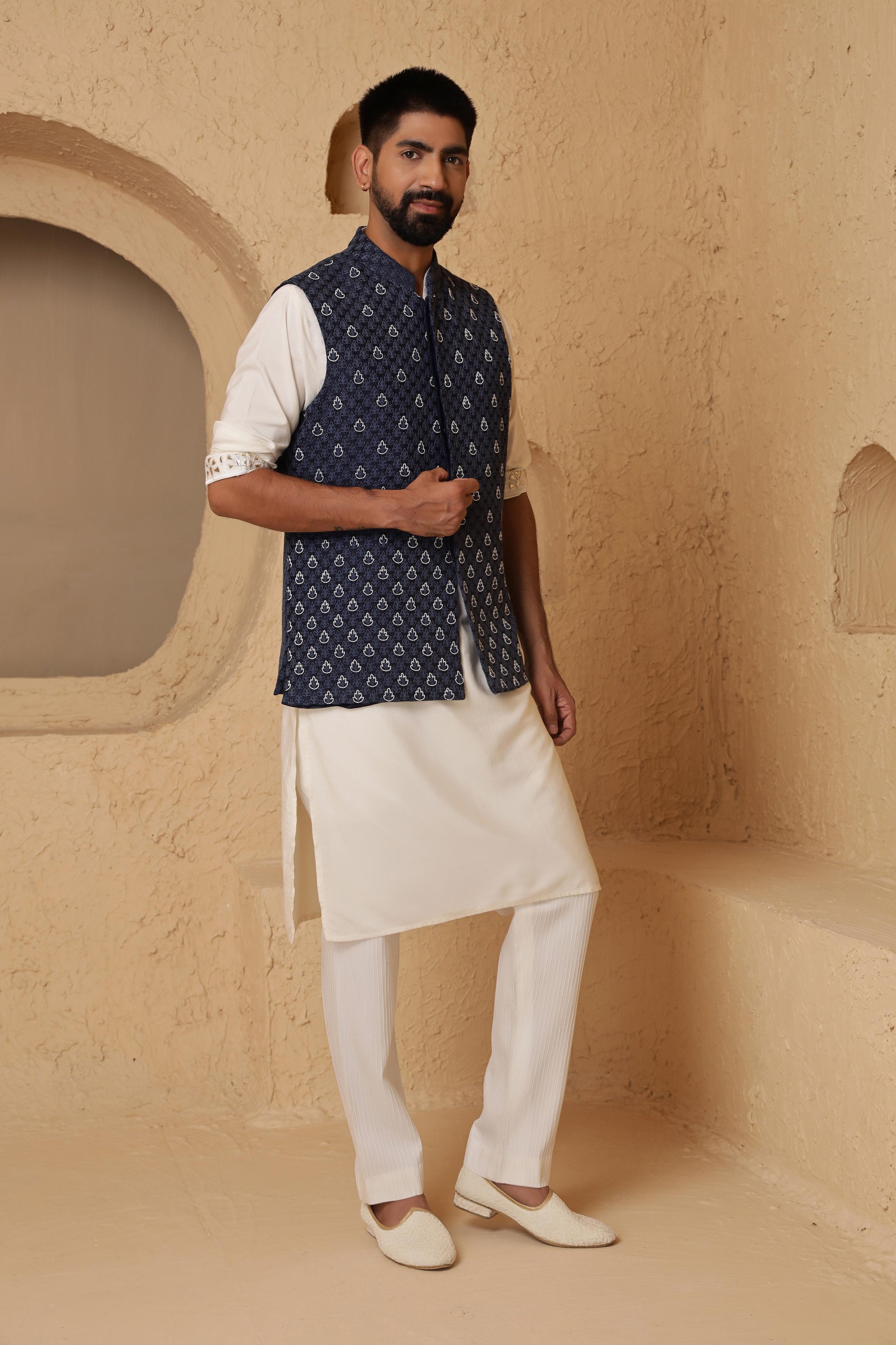 Blue Leaf Motif Jacket Set