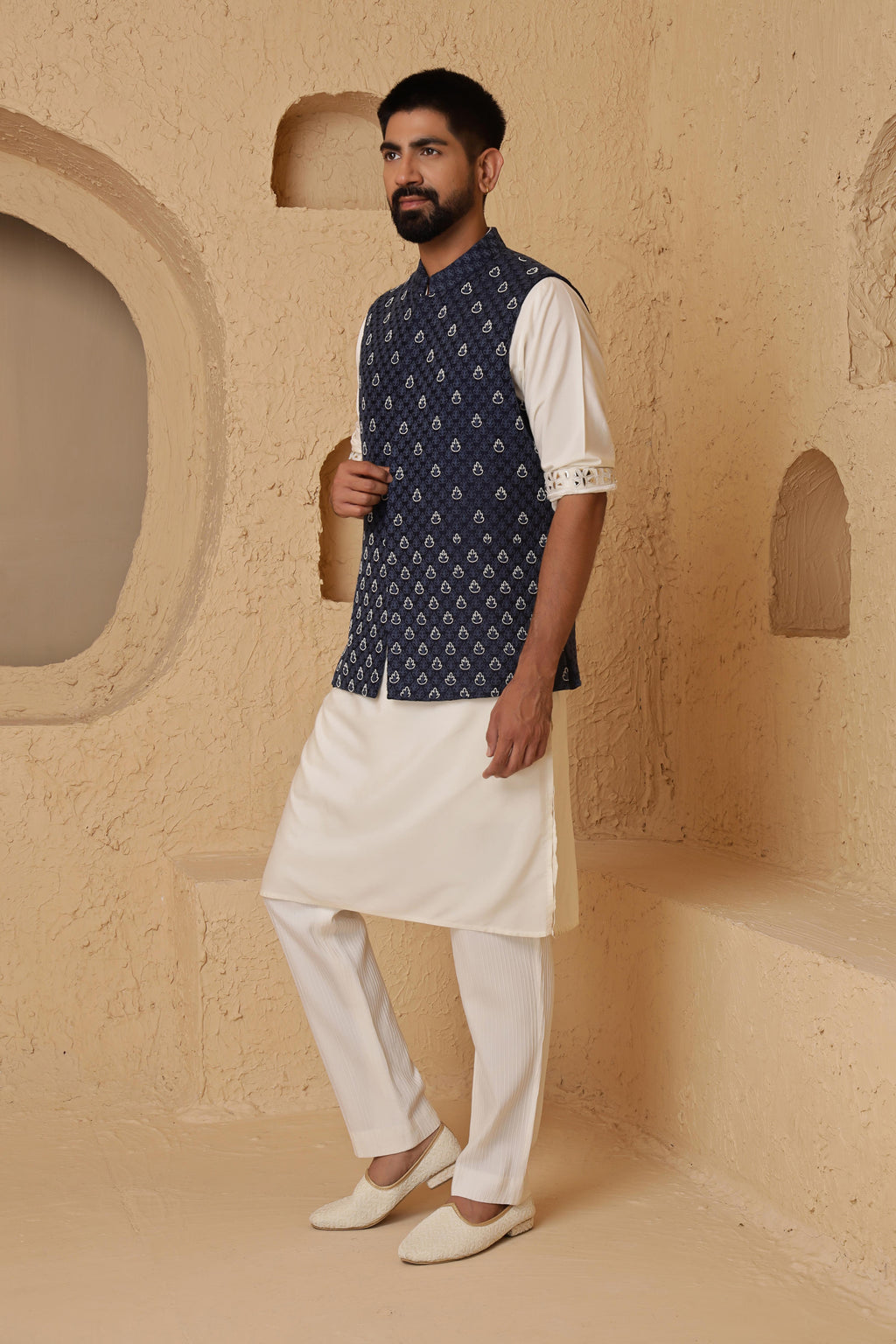 Blue Leaf Motif Jacket Set