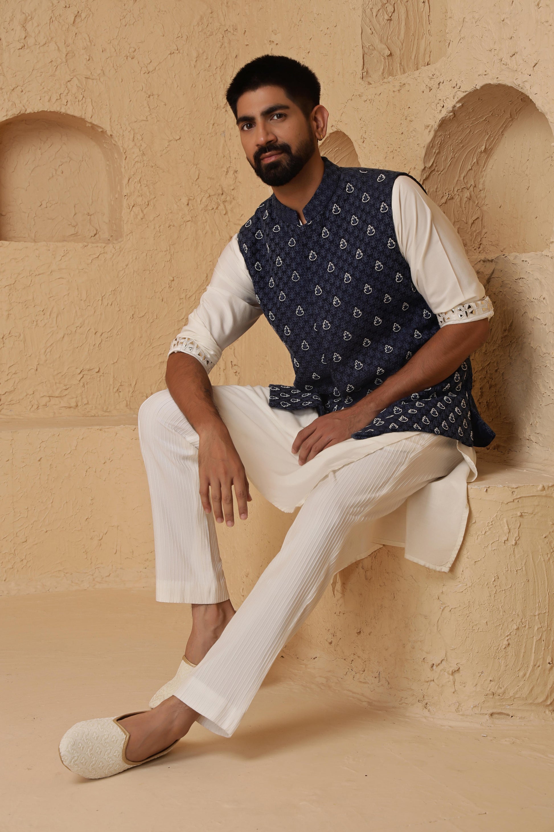 Blue Leaf Motif Jacket Set