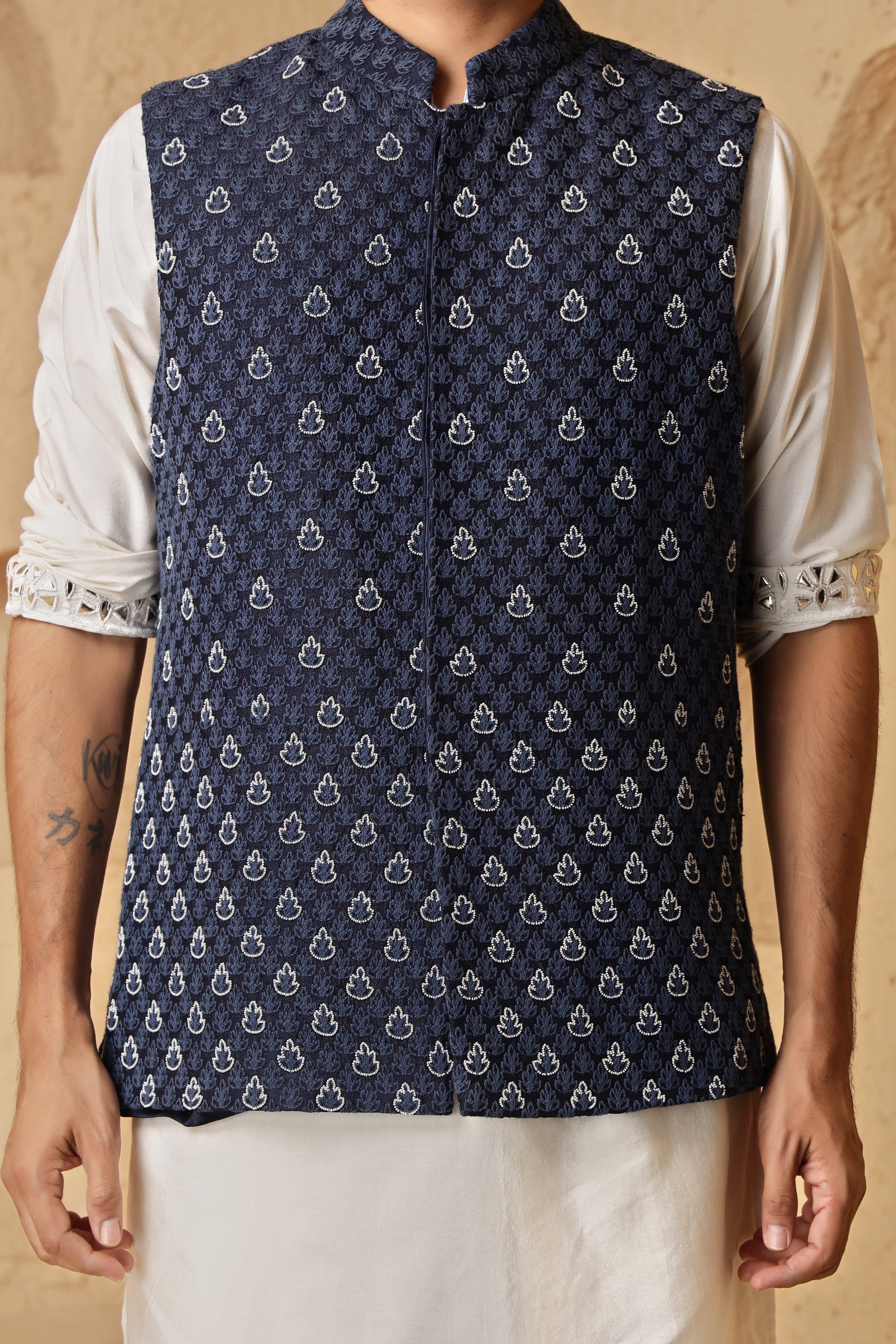 Blue Leaf Motif Jacket Set