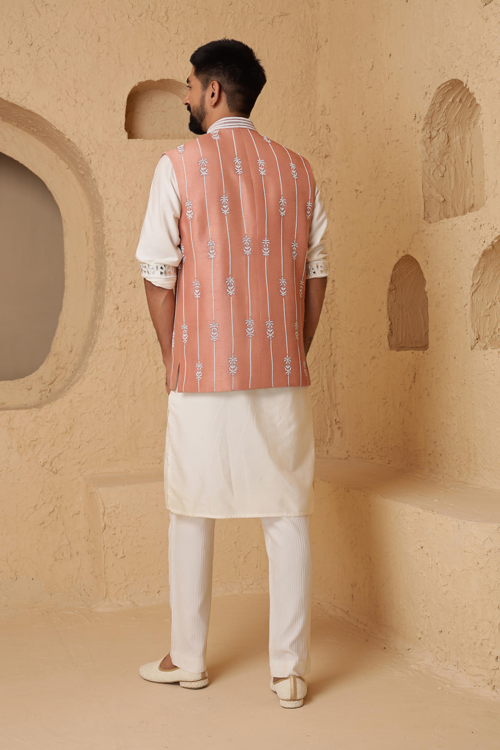 Peach Glass Beads Embroidered Set