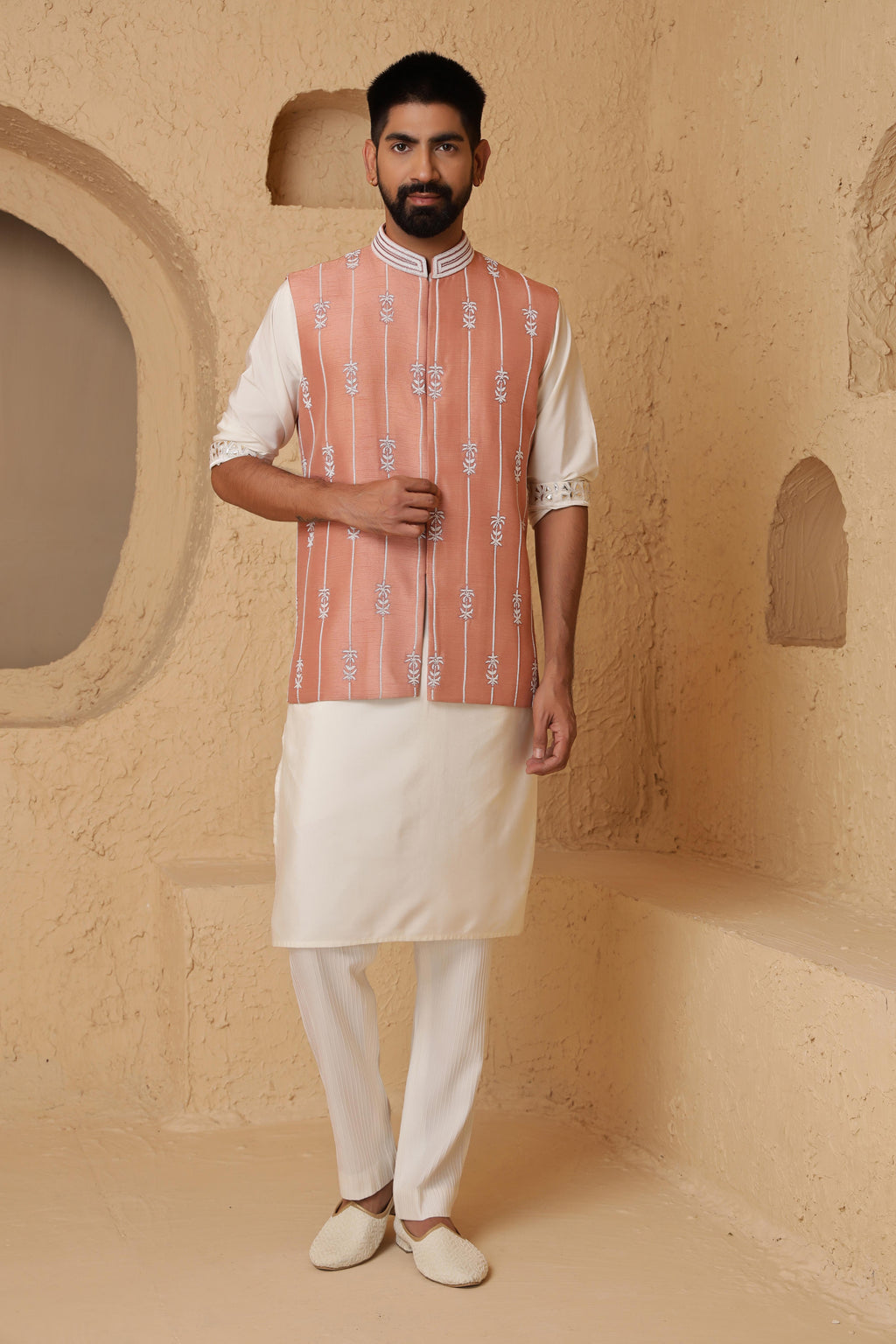 Peach Glass Beads Embroidered Set