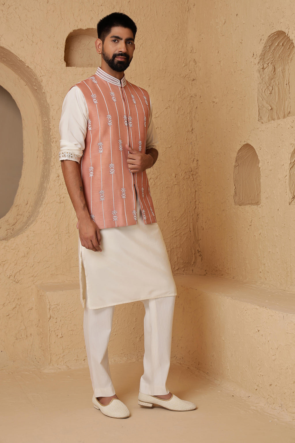 Peach Glass Beads Embroidered Set