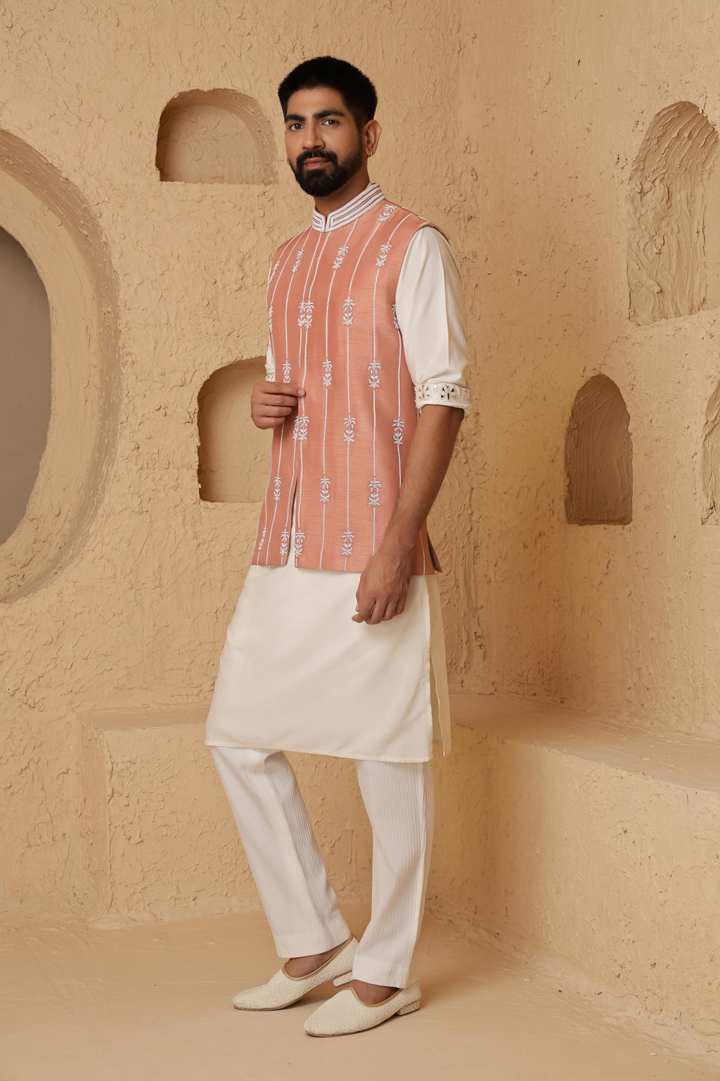 Peach Glass Beads Embroidered Set