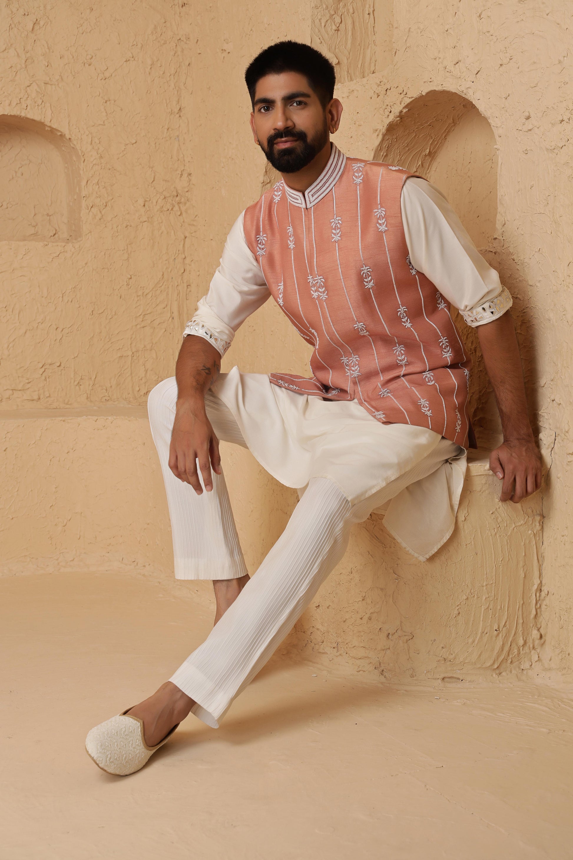 Peach Glass Beads Embroidered Set