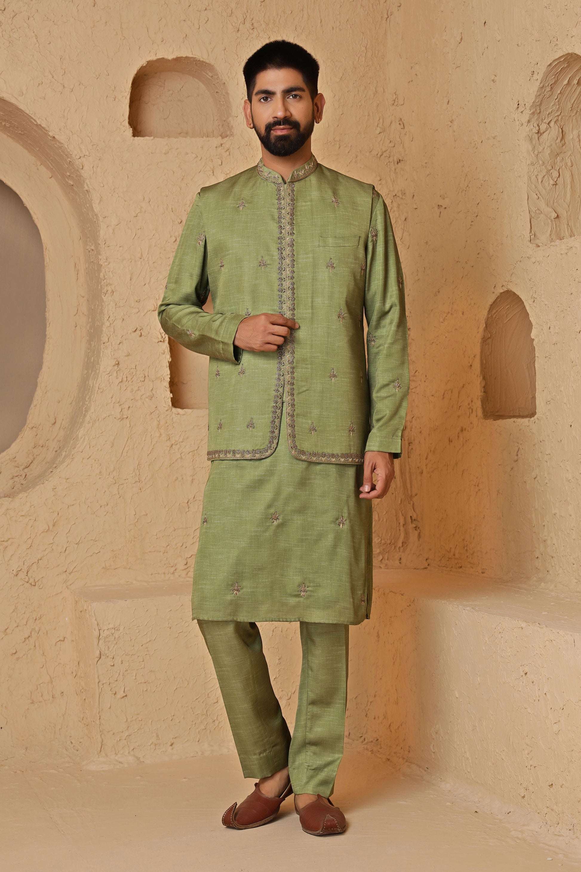 Green Zardosi Kurta Jacket Set