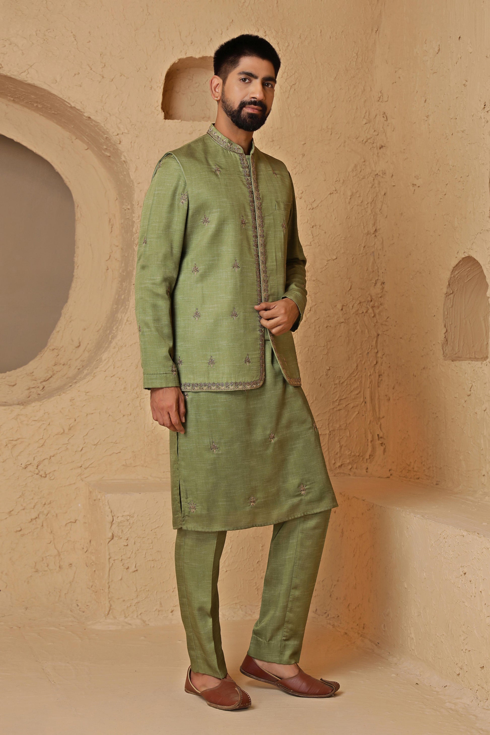 Green Zardosi Kurta Jacket Set
