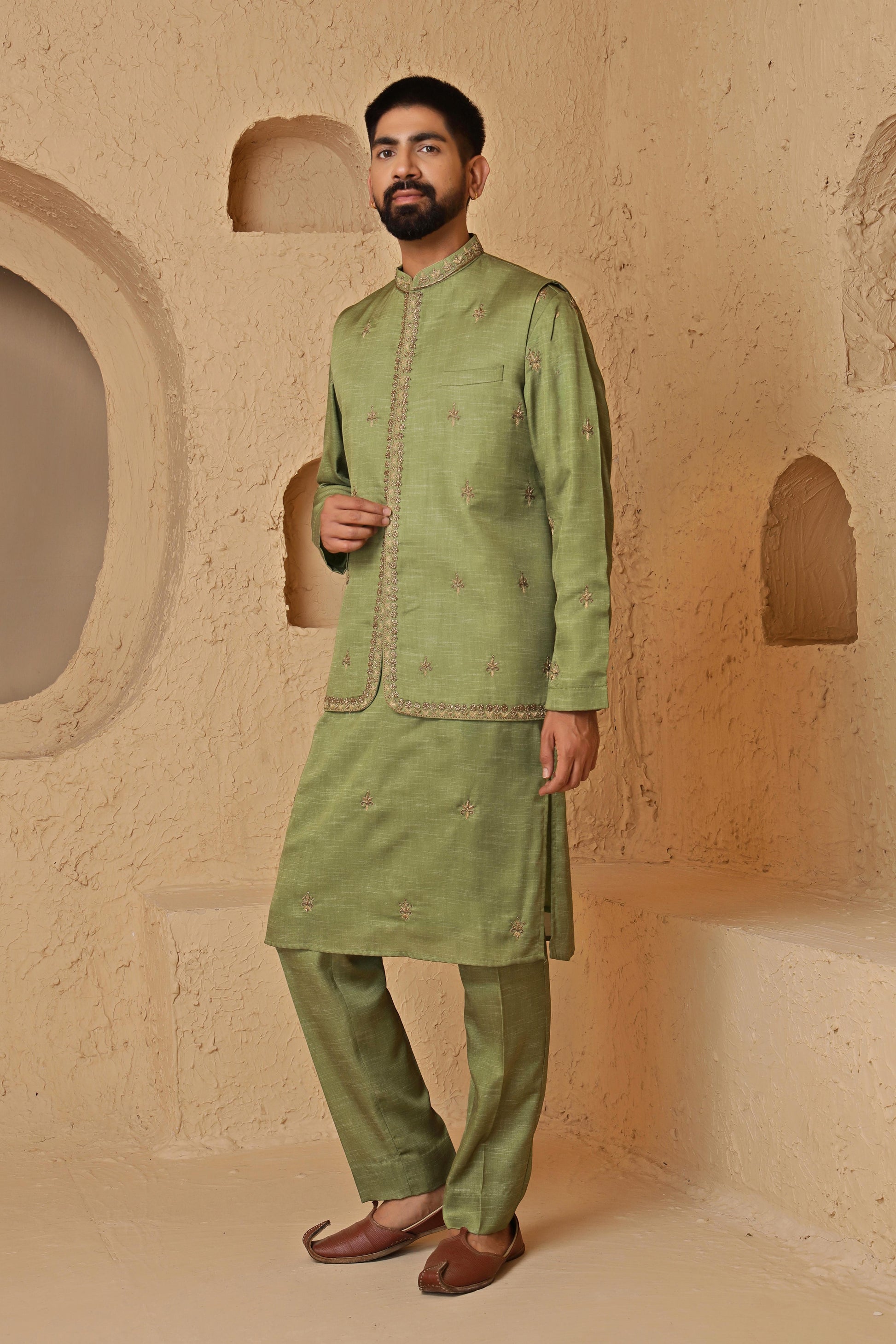 Green Zardosi Kurta Jacket Set
