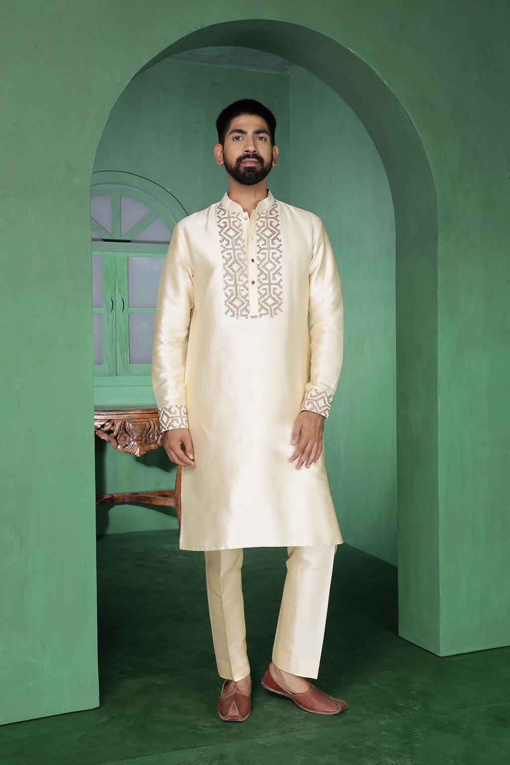 Champagne Pitta Work Kurta Jacket Set