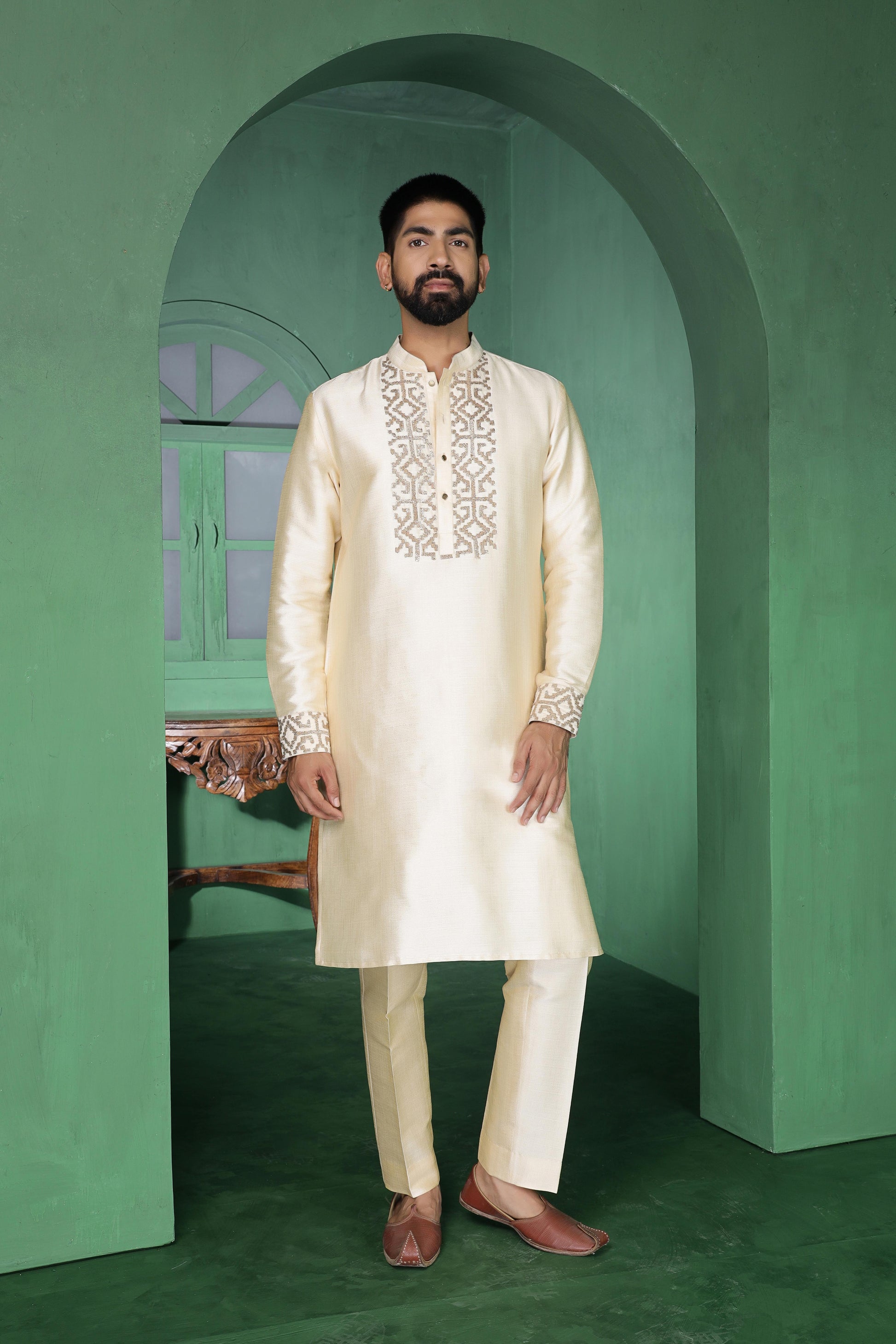 Champagne Pitta Work Kurta Jacket Set