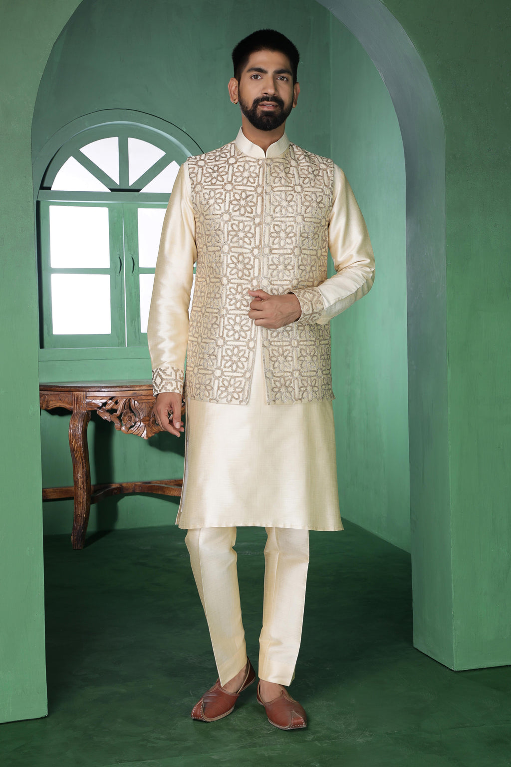 Champagne Pitta Work Kurta Jacket Set