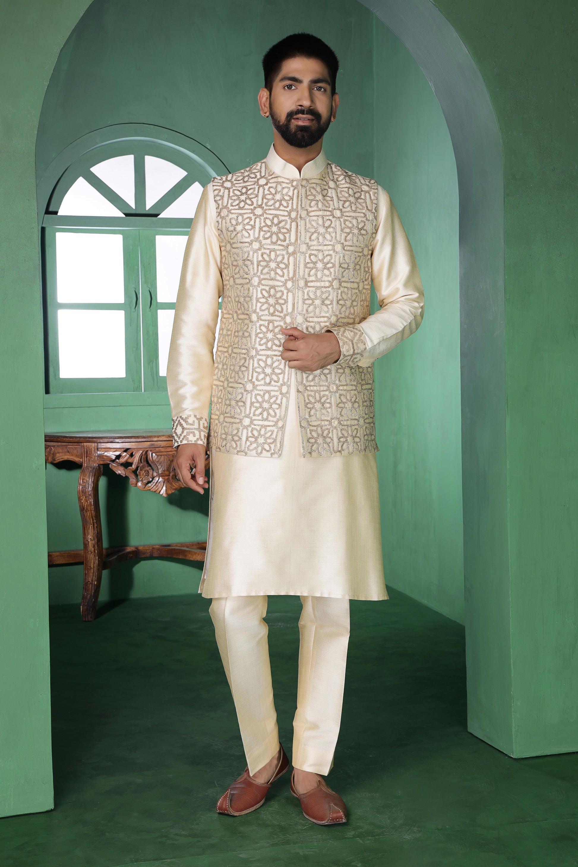 Champagne Pitta Work Kurta Jacket Set