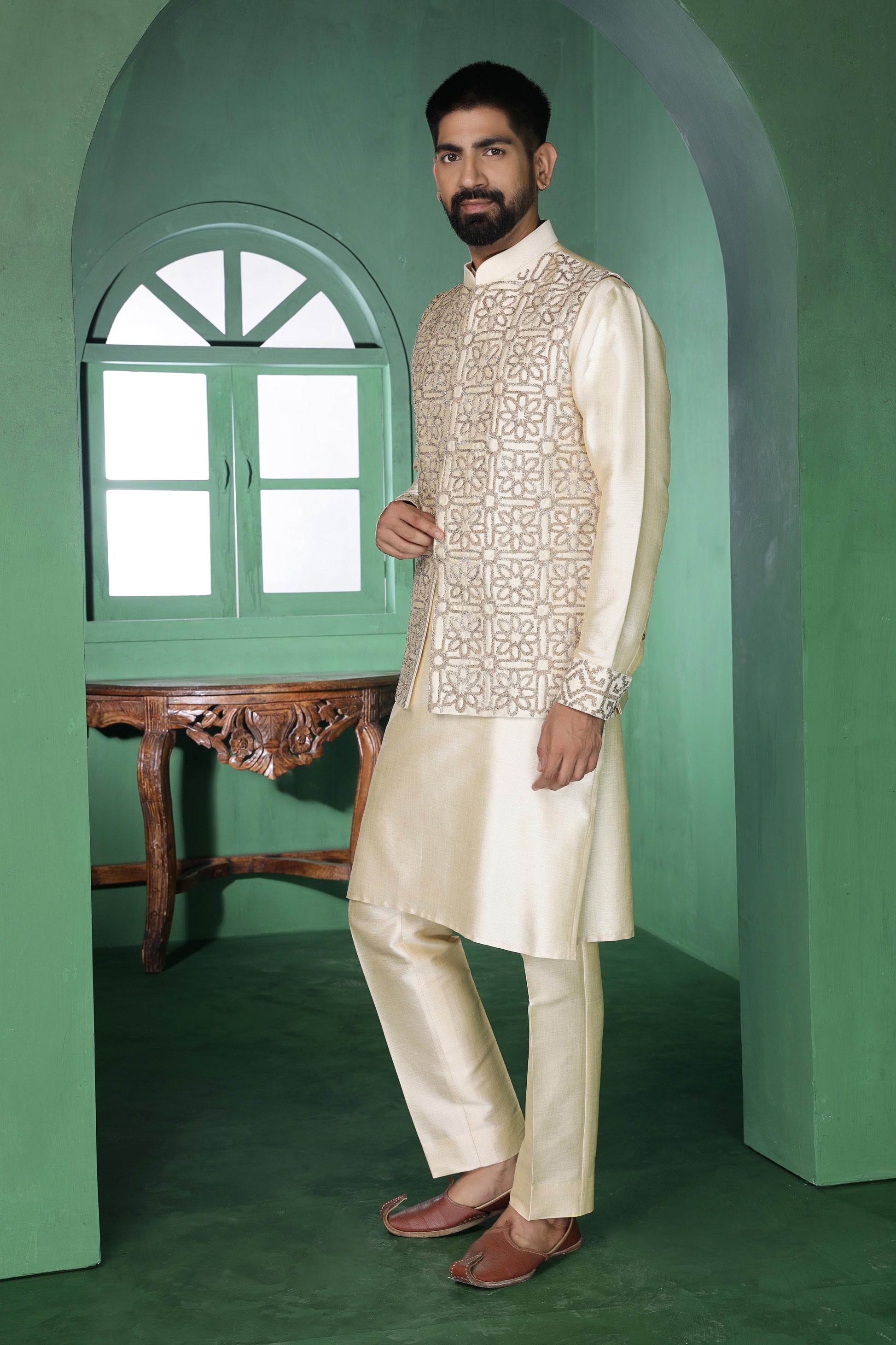 Champagne Pitta Work Kurta Jacket Set