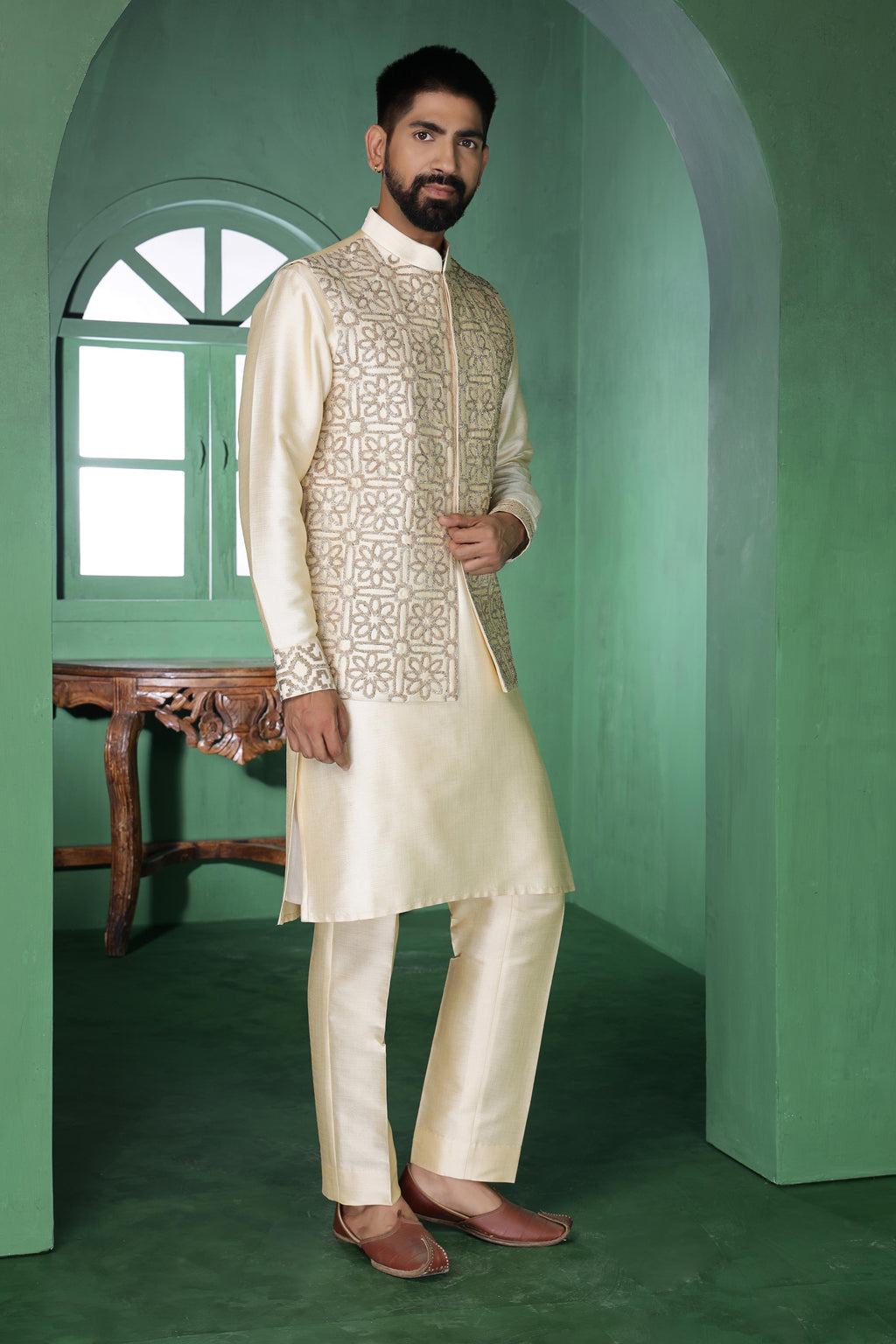 Champagne Pitta Work Kurta Jacket Set