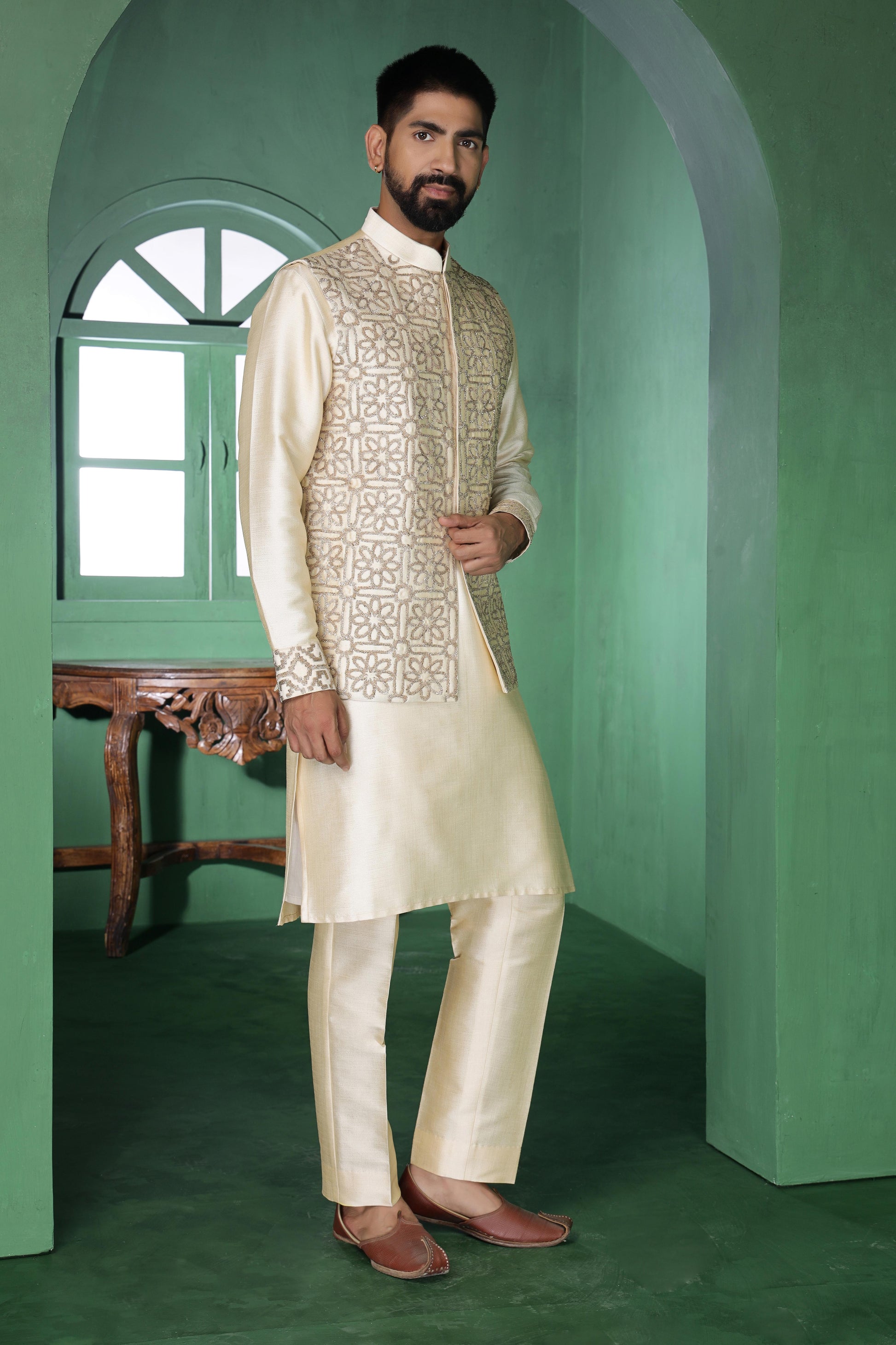 Champagne Pitta Work Kurta Jacket Set