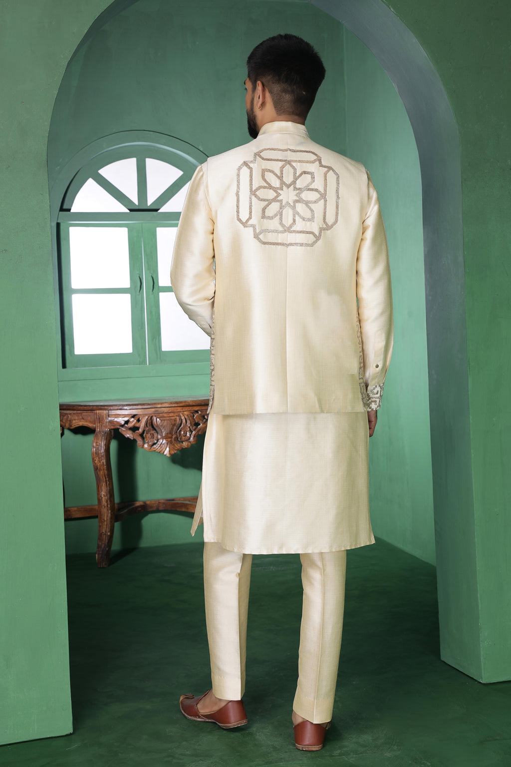 Champagne Pitta Work Kurta Jacket Set