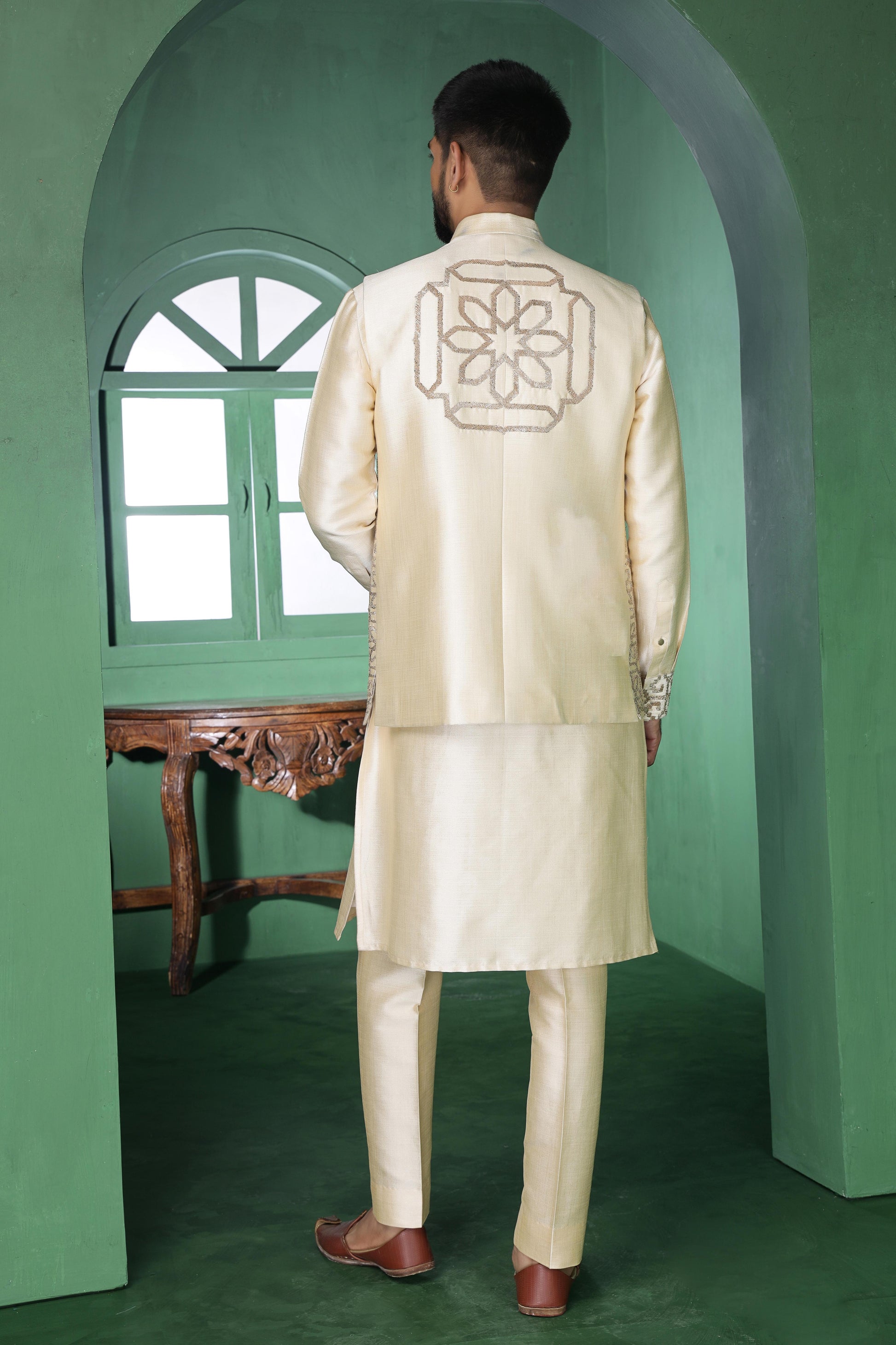 Champagne Pitta Work Kurta Jacket Set