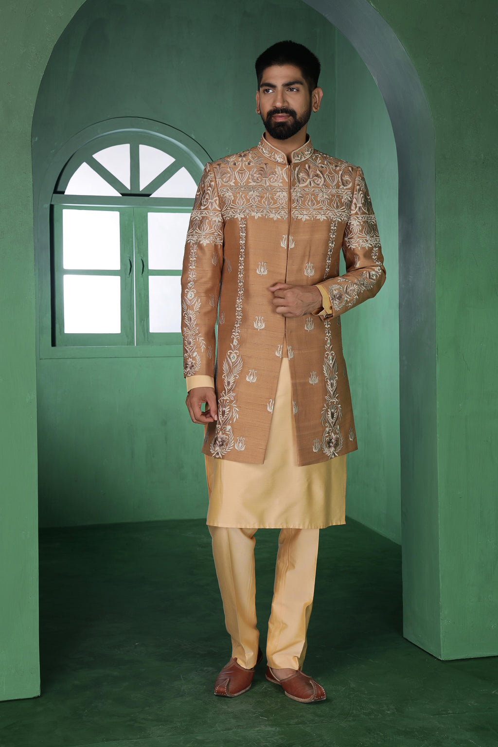 Beige Indo-Western Threaded Set