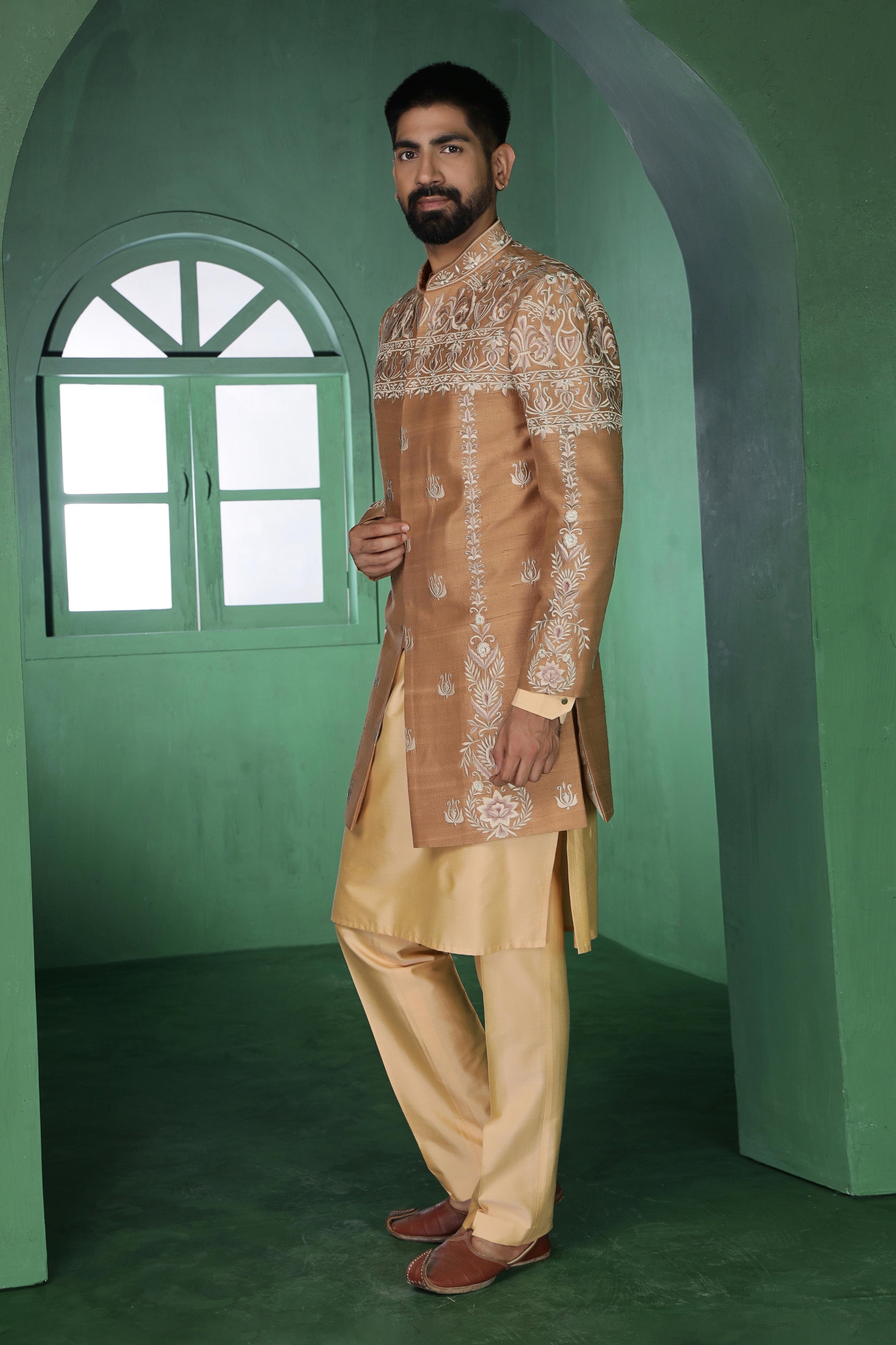Beige Indo-Western Threaded Set