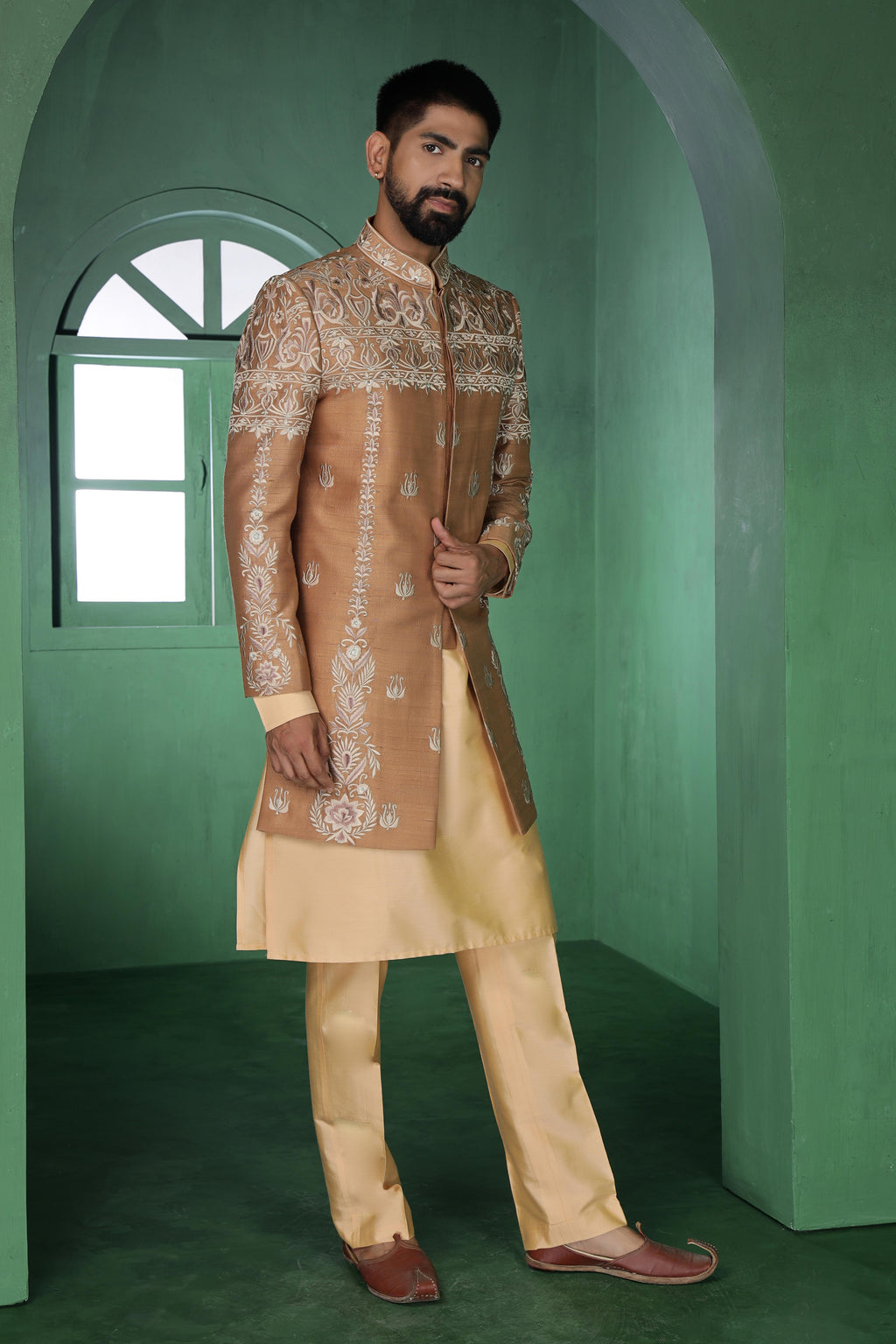 Beige Indo-Western Threaded Set